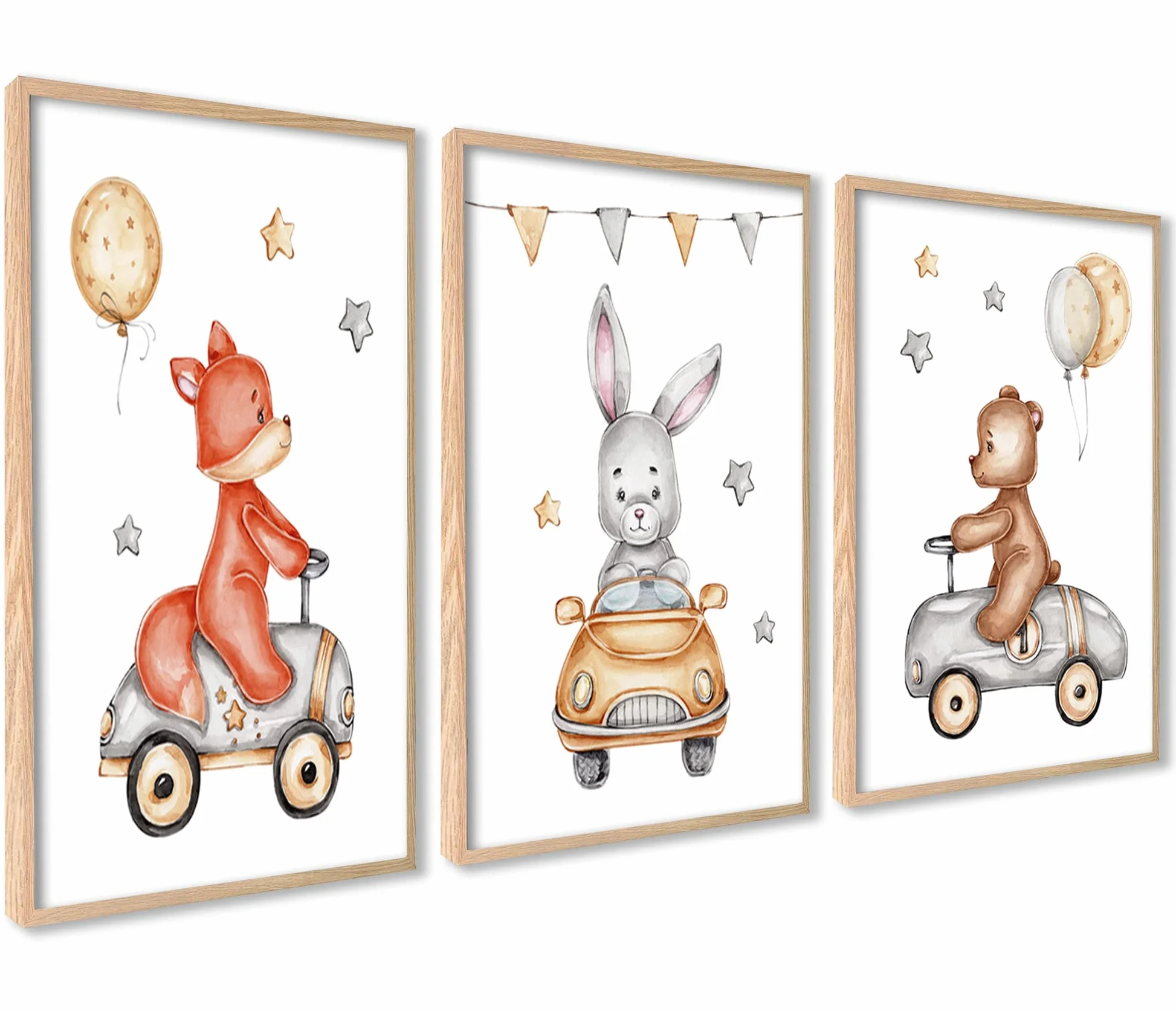 Affiche Decoration Murale Enfant 30x40 cm 3 Tableaux Poster Mural Animaux en Voiture