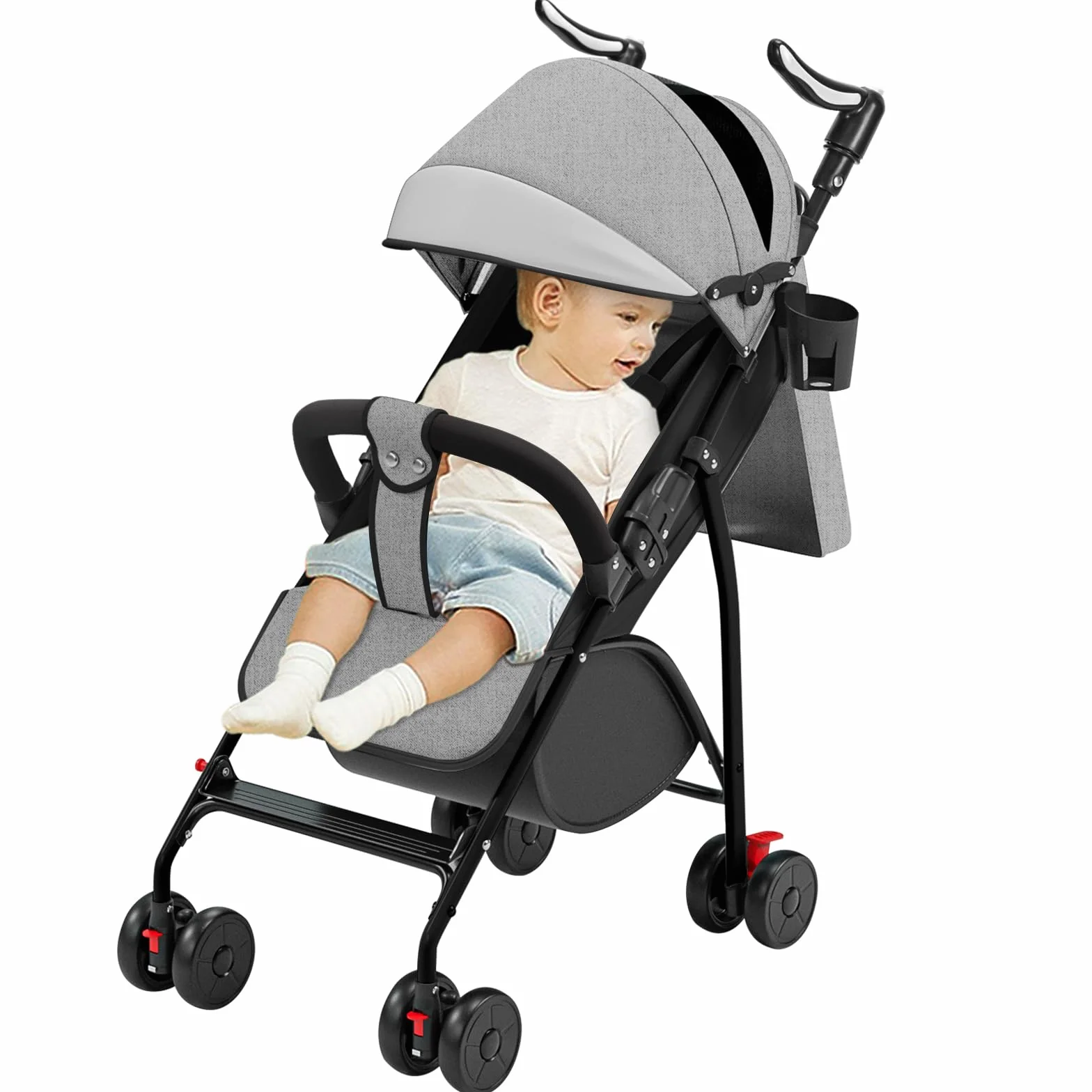 Poussette 4 Roues jusqu'à 25 kg Grande Capote Pliage Compact Dossier Inclinable Guidon Réglable Grandes Roues Tout-A-gris