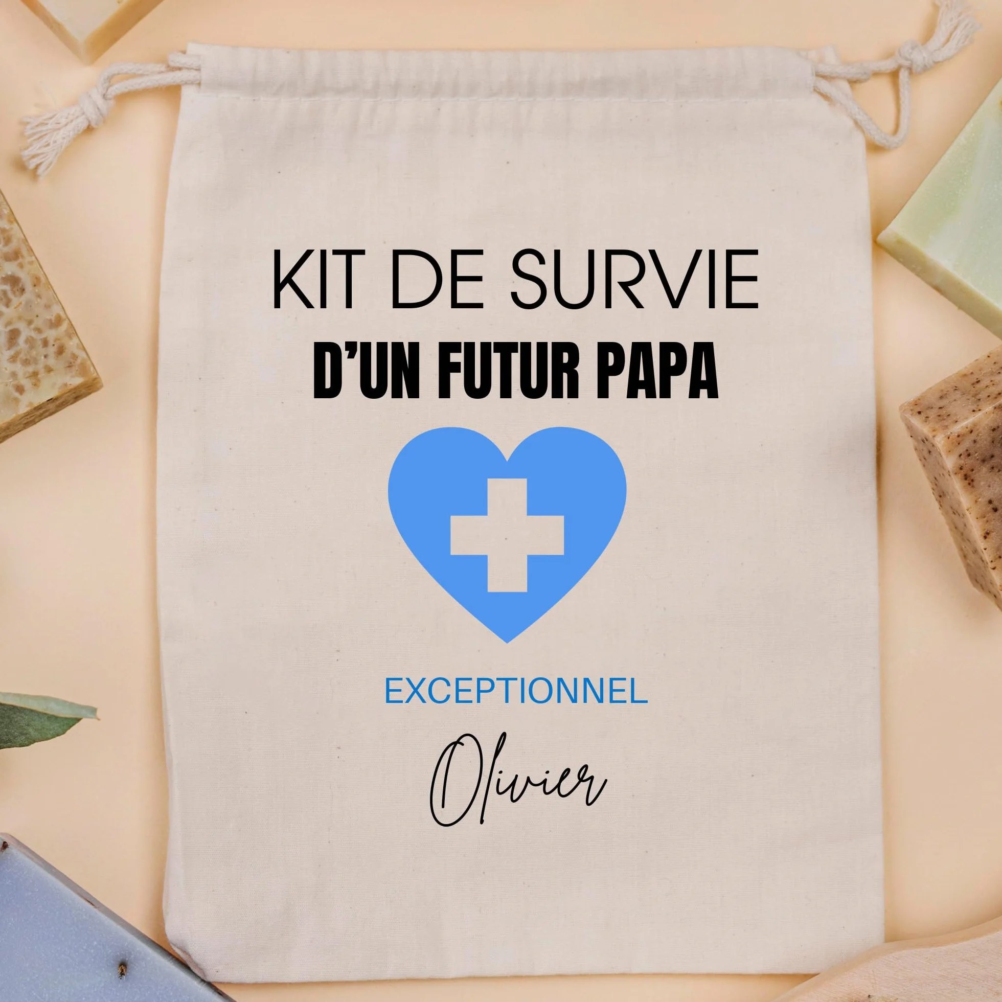 Kit de Survie Futur Papa Personnalisé avec prénom, Pochon Cadeau 34 x 23 cm