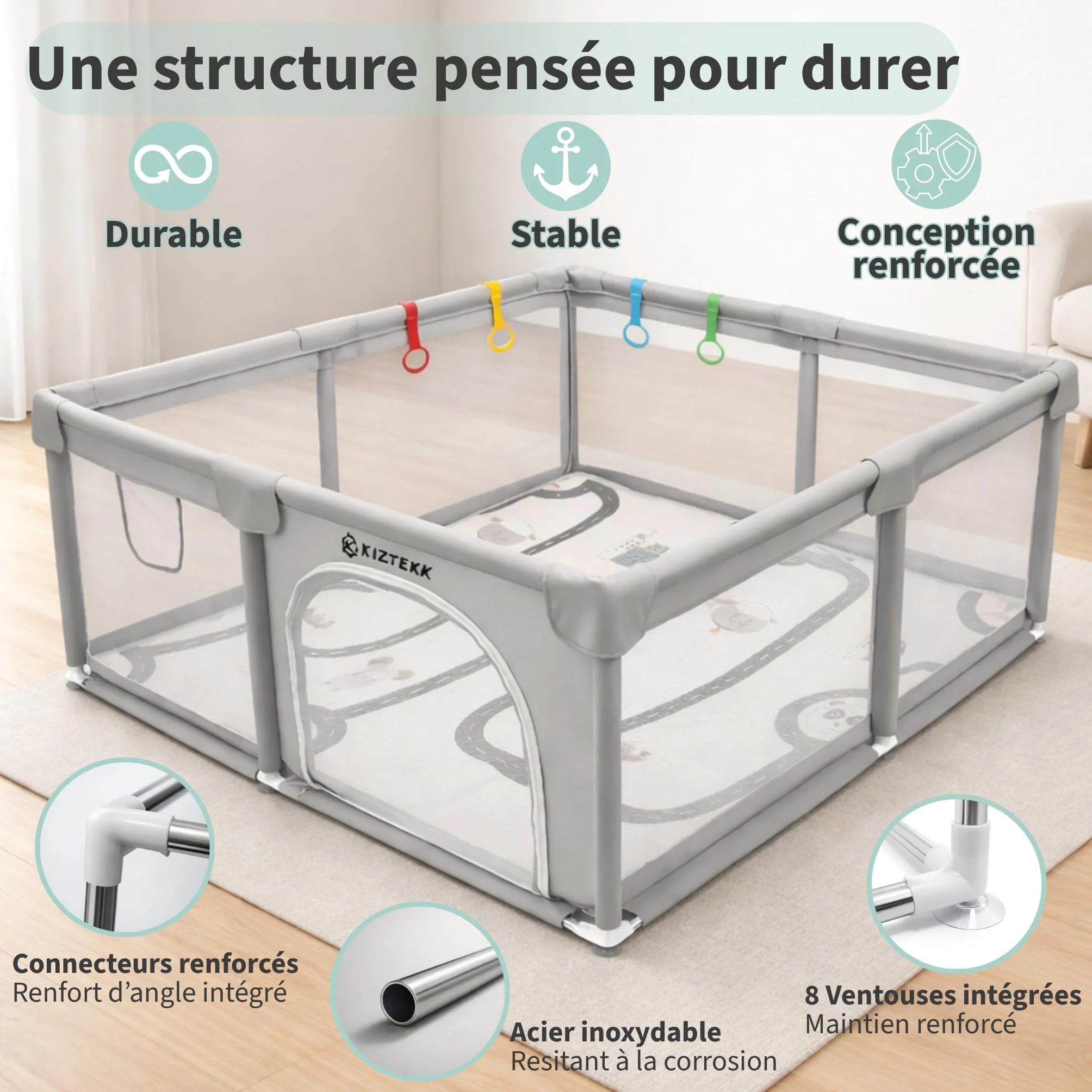 Parc Bebe 150x150 cm Pliable avec Tapis de Sol - Visibilité 360° - 2 Sacs de Rangement