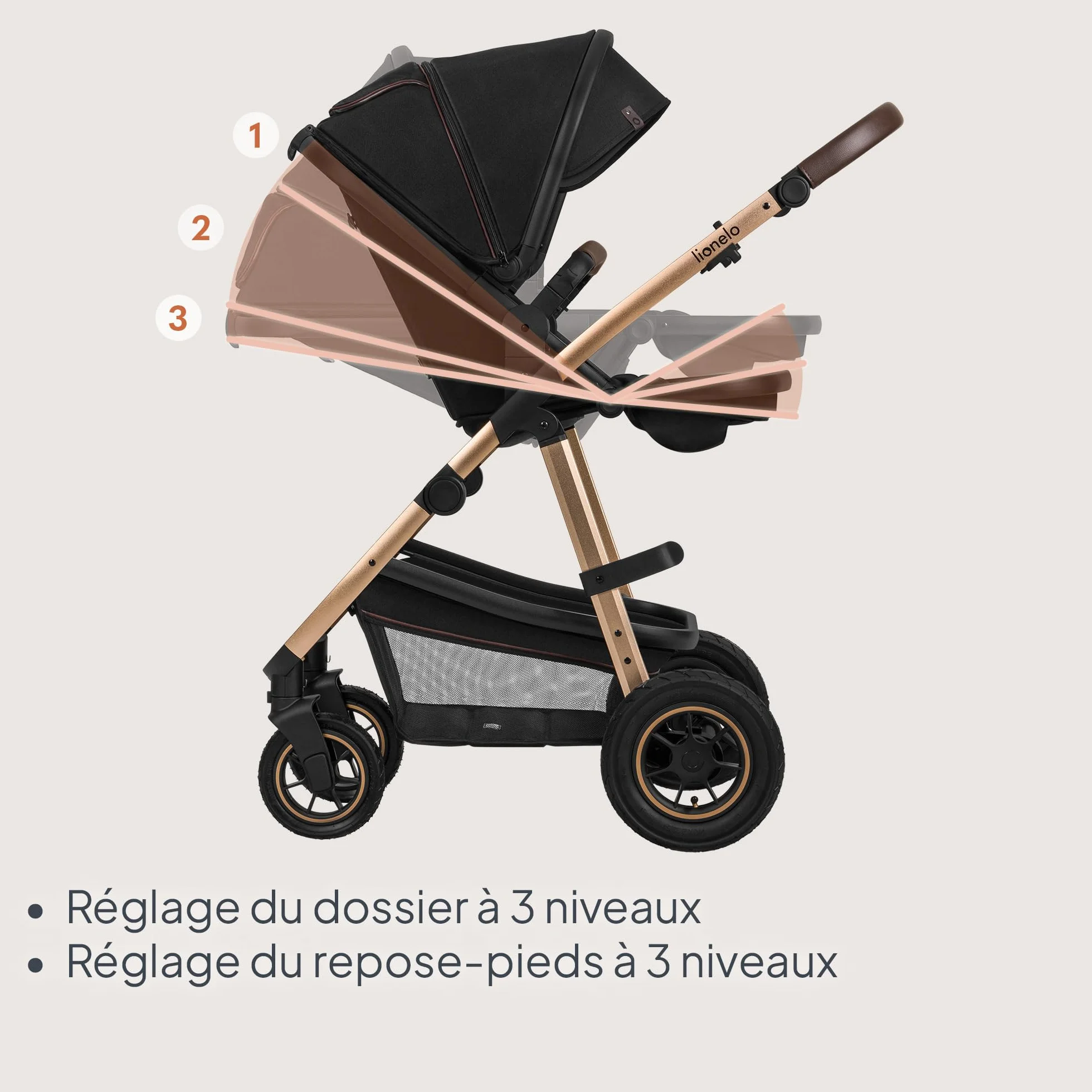 LIONELO Amber 3 in 1 poussette multifonctionnelle avec siège sport, nacelle, sac et accessoires