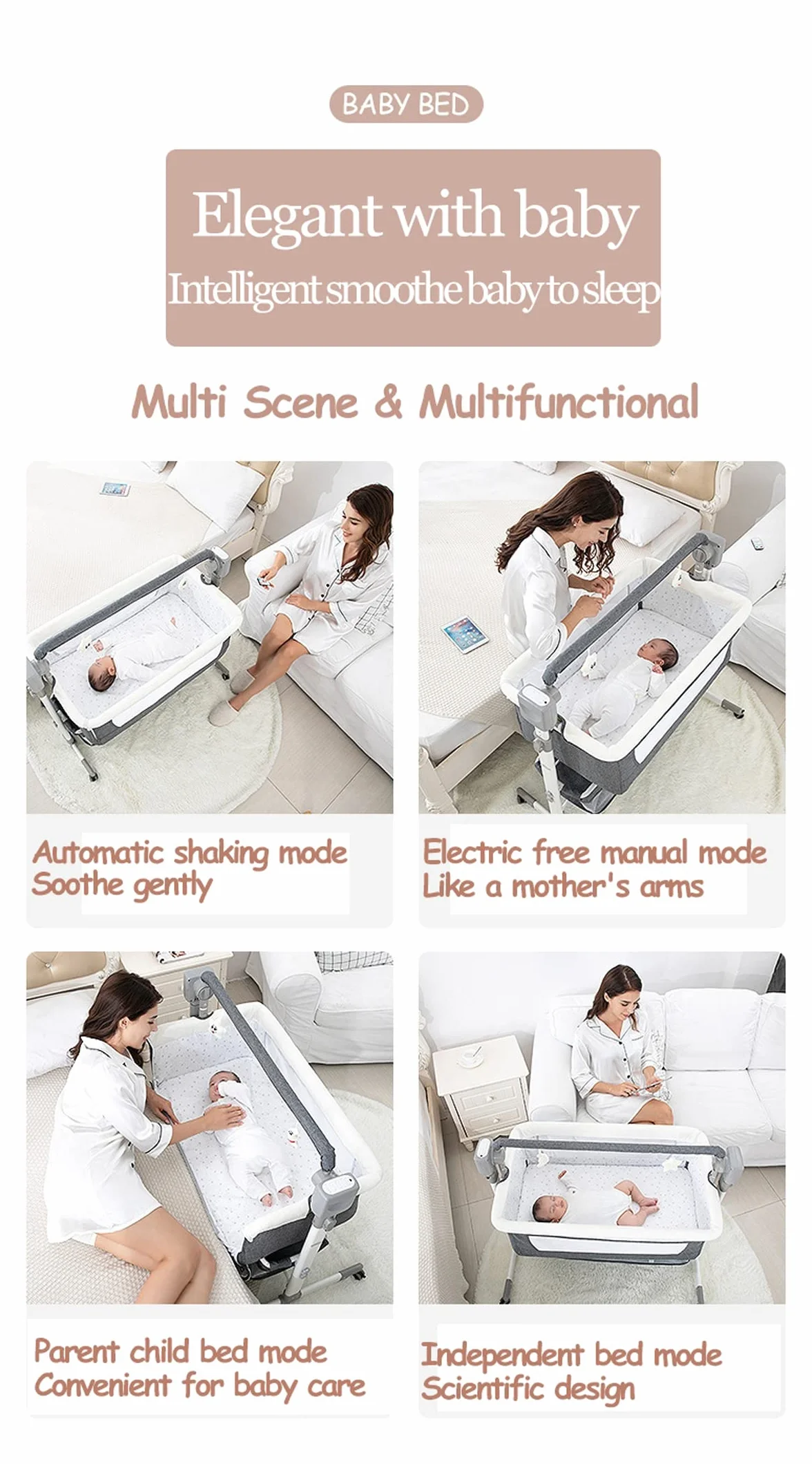 Lit Cododo Bébé Électrique Bluetooth Intelligent Convertible avec Télécommande, Musique et Balancement 5 Vitesses, Pliable avec Matelas (601 Beige)