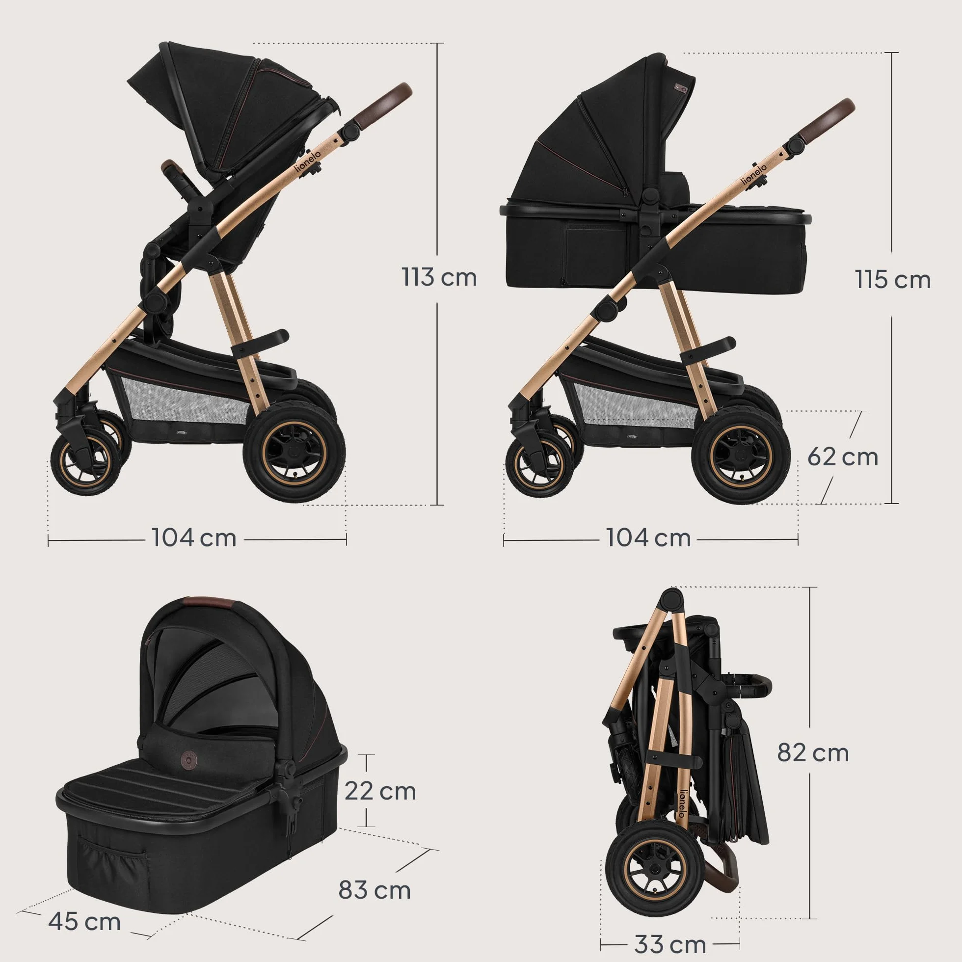 LIONELO Amber 3 in 1 poussette multifonctionnelle avec siège sport, nacelle, sac et accessoires