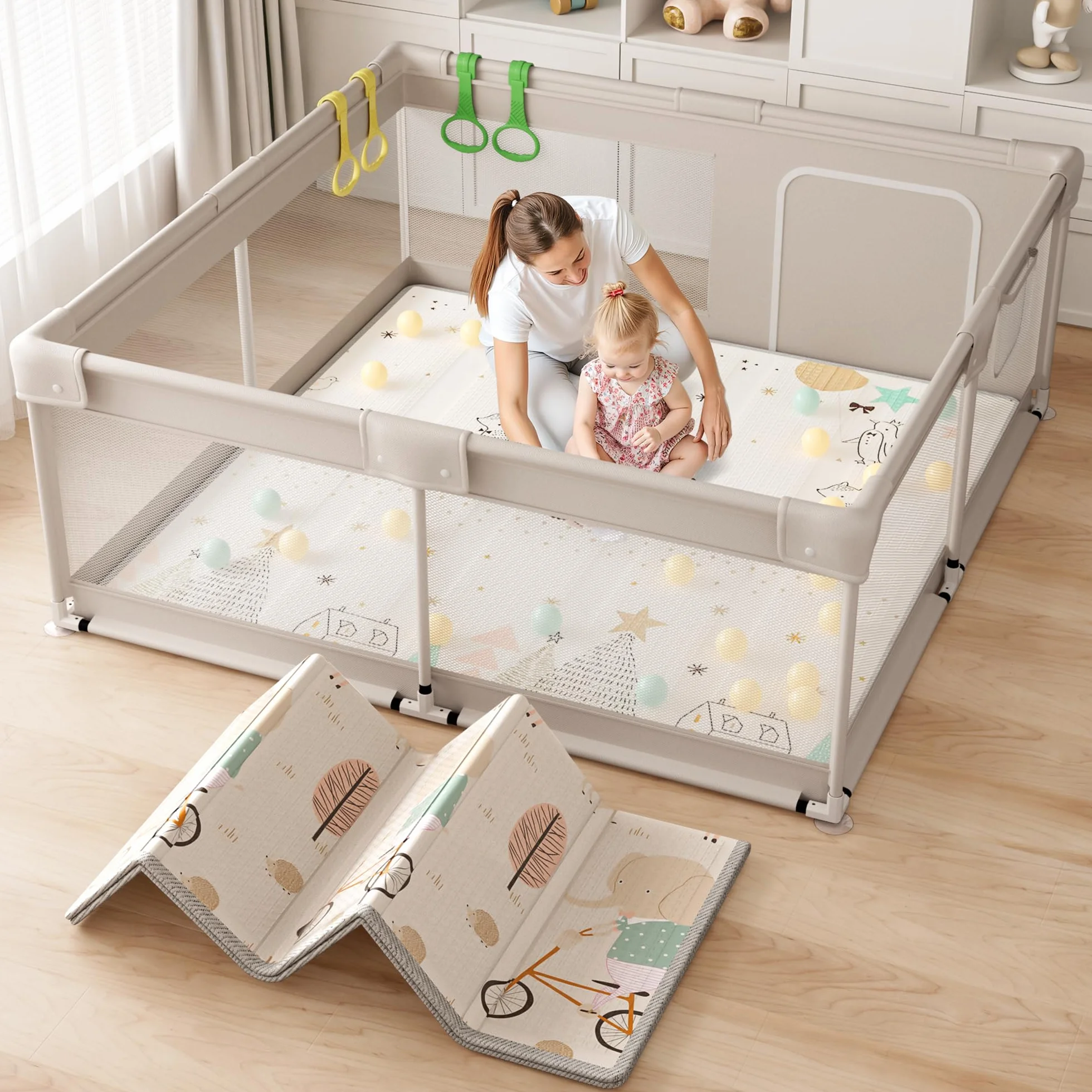 Parc Bébé en Tissu Oxford 150×150×68cm avec Tapis, Barrières et Filet Respirant