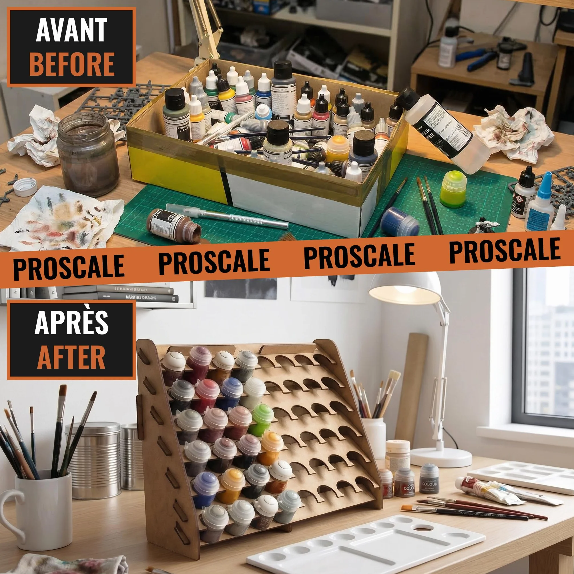 PROSCALE Support mural pour Peinture maquette Rangement bois porte pot peinture acrylique Citadel pinceaux Warhammer 33 mm