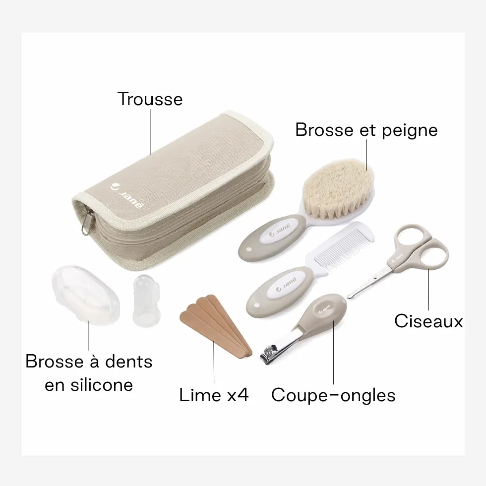 Jané Kit Hygiène Bébé 8 Pièces, Brosse Poils Naturels, Ciseaux, Coupe-ongles, Lime, Brosse Dentaire Silicone, Beige