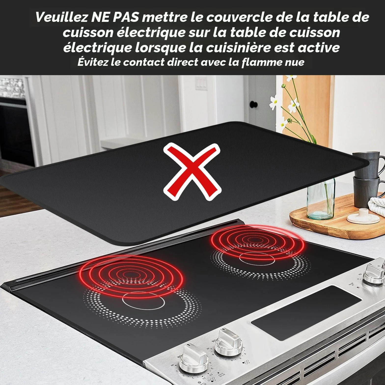Couvre-plaque ignifuge et imperméable cuisinière électrique verre 53 x 91 cm noir