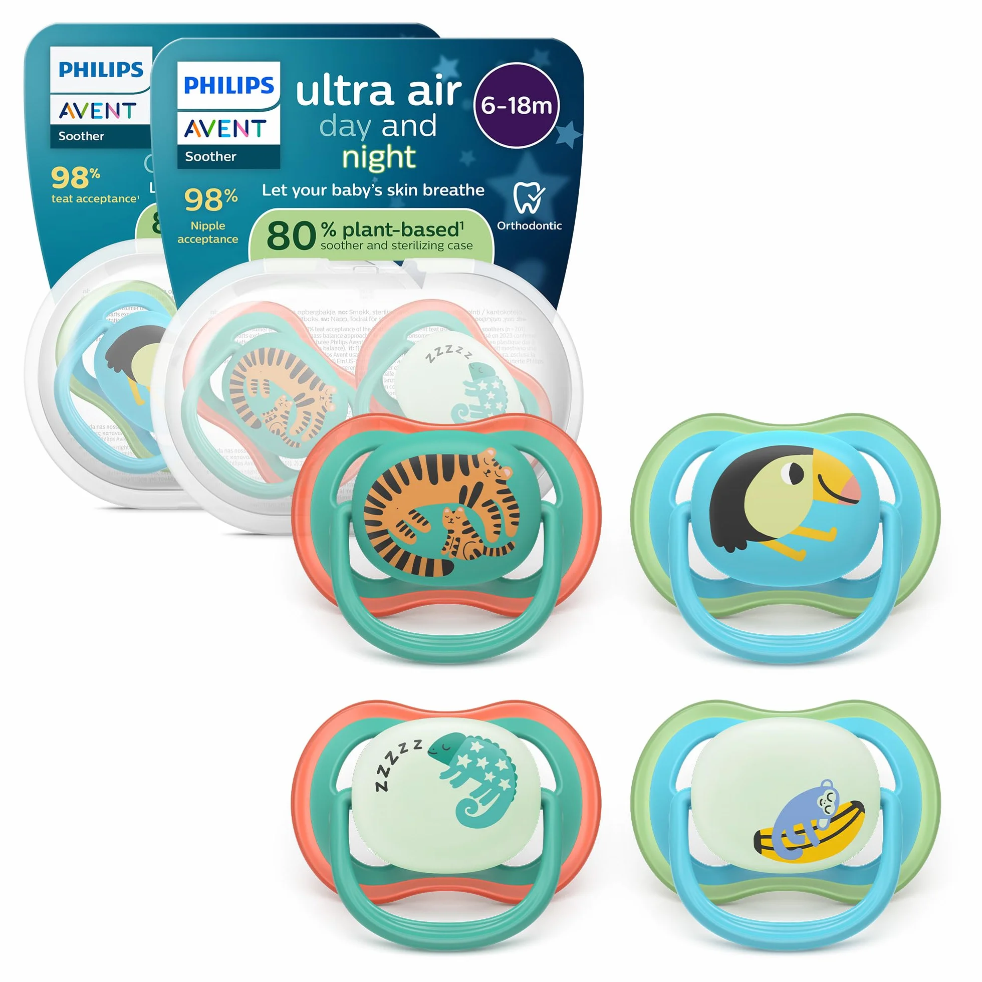 Philips Avent Sucettes ultra air Tétine orthodontiques 6-18 mois phosphorescente silicone souple sans BPA lot de 4