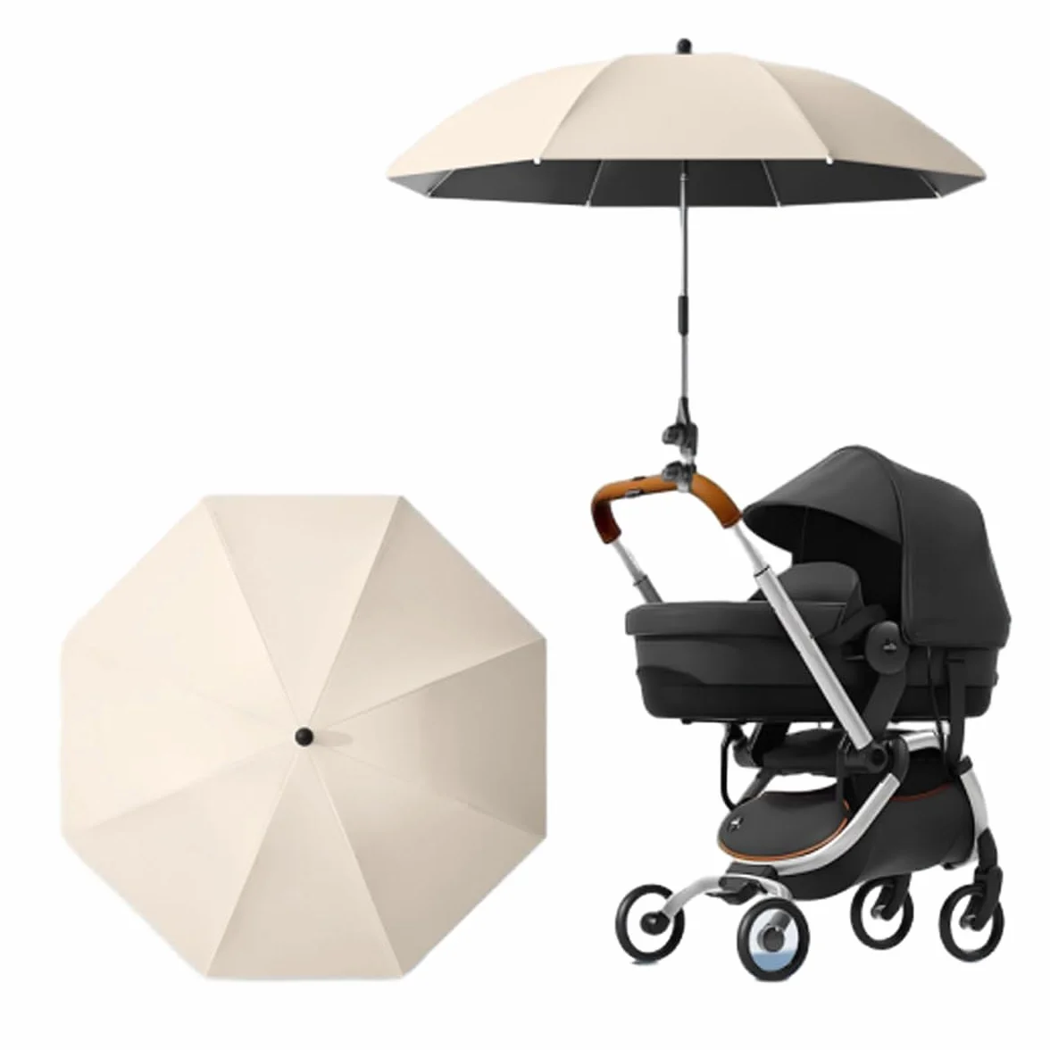 Ombrelle Poussette Universelle Anti UV 50+ Diamètre 85 cm Parasol Réglable Beige