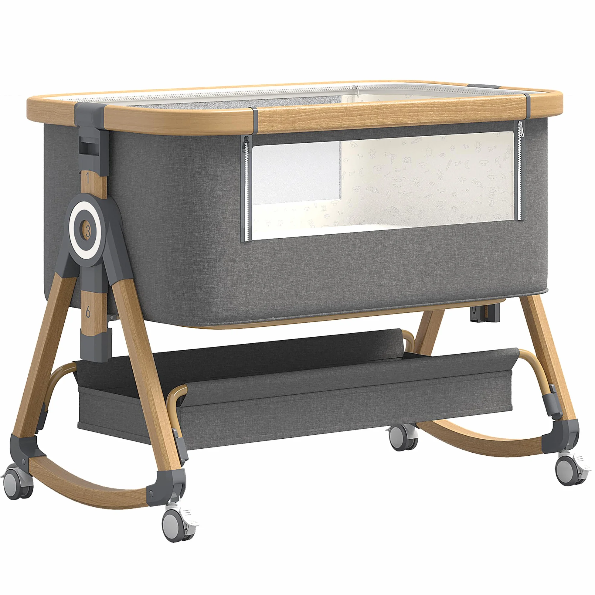 YAZOCO Berceau Bébé 3 en 1 Lit Cododo avec Matelas, Hauteur Réglable 6 Niveaux, Inclinaison 5° Scientifique, Panier Rangement Gris