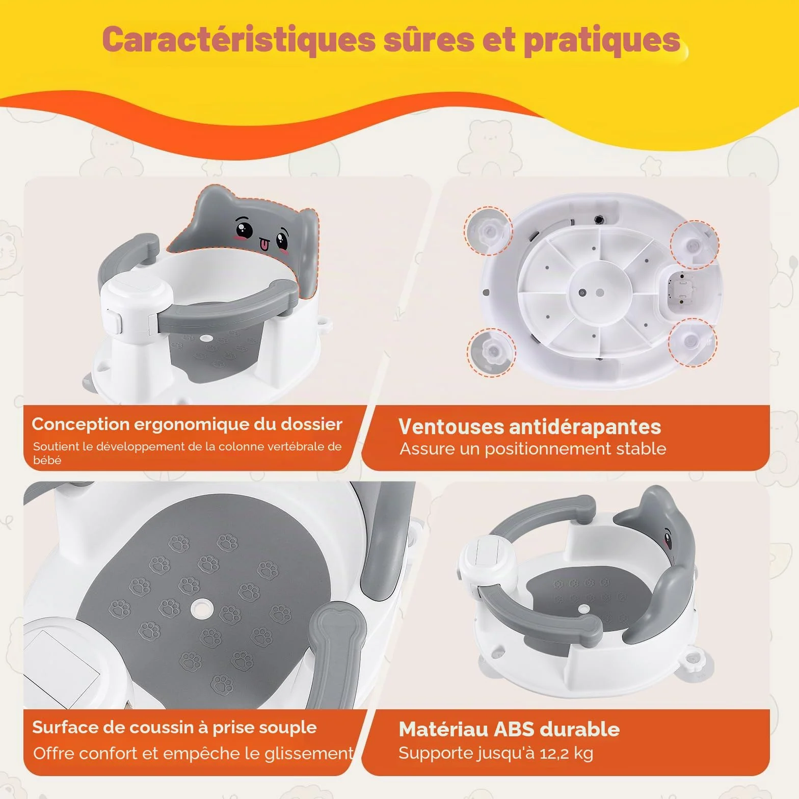 Siège de Bain Bébé Antidérapante 6 Mois+ avec 4 Ventouses