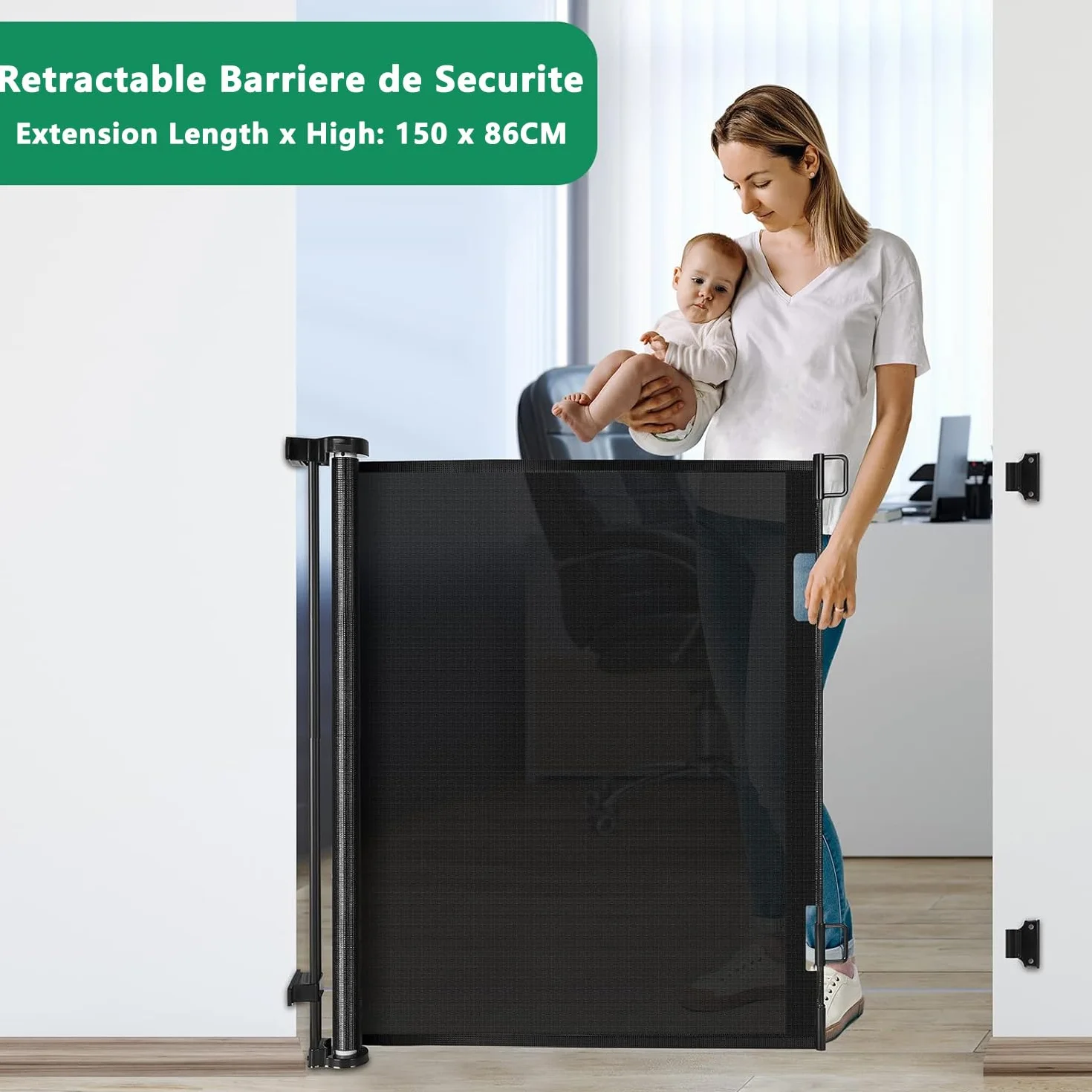 Barrière de Sécurité Enfant Rétractable 0-150 cm 86 cm de Haut pour Escaliers/Portes/Couloirs
