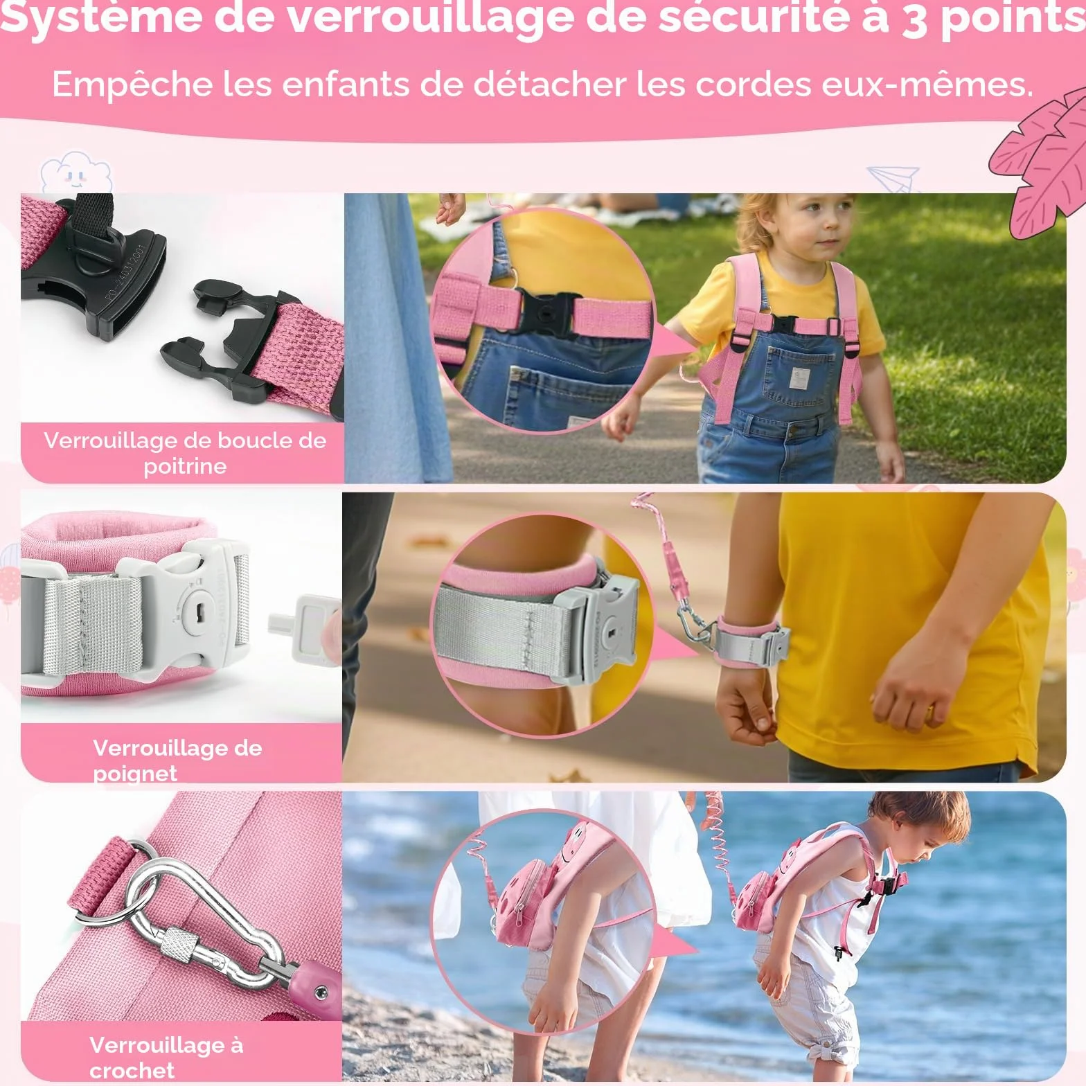 Dr.meter Laisse Enfant 3 en 1 Sac à Dos Anti-Perte Rotative 360° 1,2M Rose Dinosaure Sécurité Extérieur
