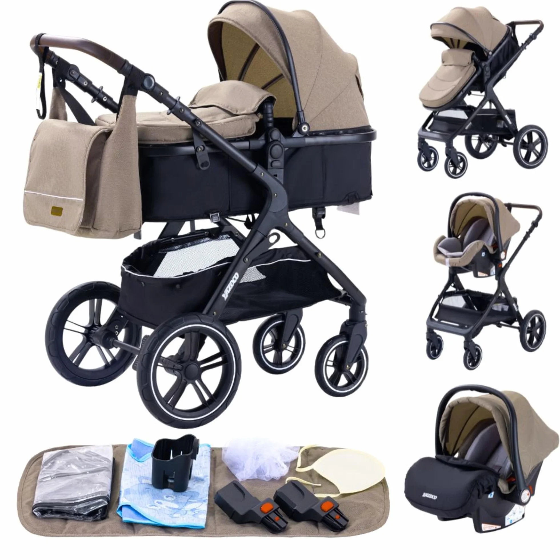 Poussette 3 en 1 Citadine Combinée Tricycle Baby Walker Haute Paysage Pliante Trolley Bébé Landau 0-36 Mois Kaki