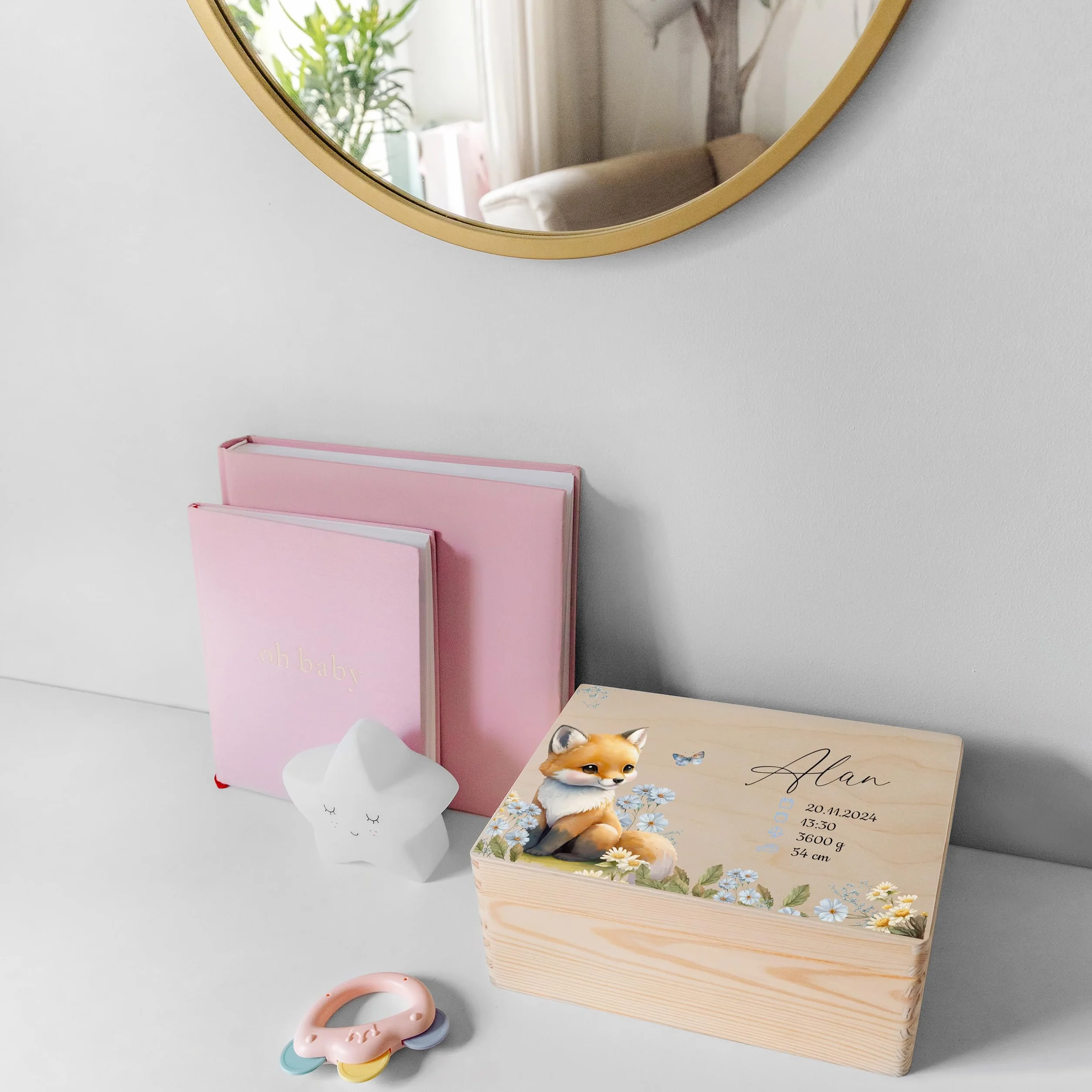 Boîte à Souvenirs Bébé Personnalisé Renard 30 x 20 x 14 cm Bois Couvercle Cadeau Naissance Fille Garçon