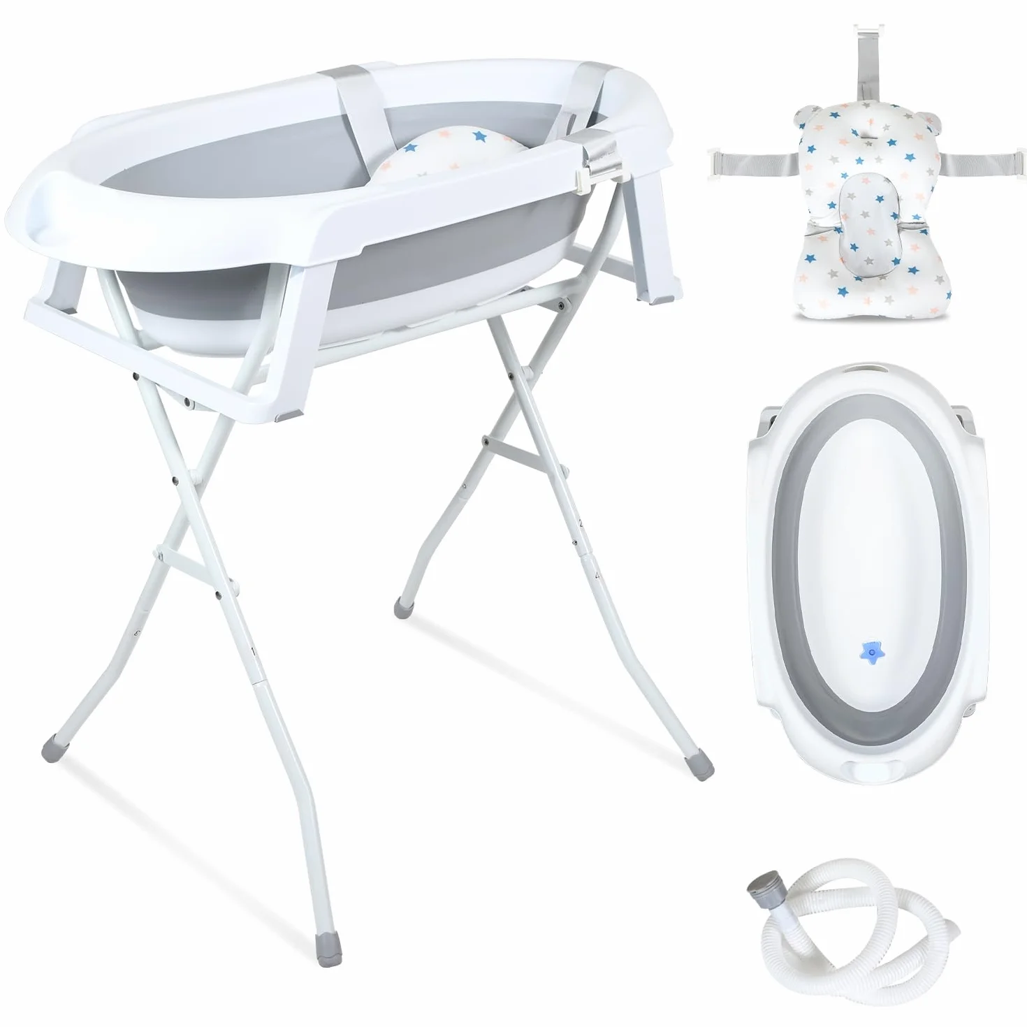 Baignoire pliable pour nouveau-nés et tout-petits avec support antidérapant et tapis de bain, gris