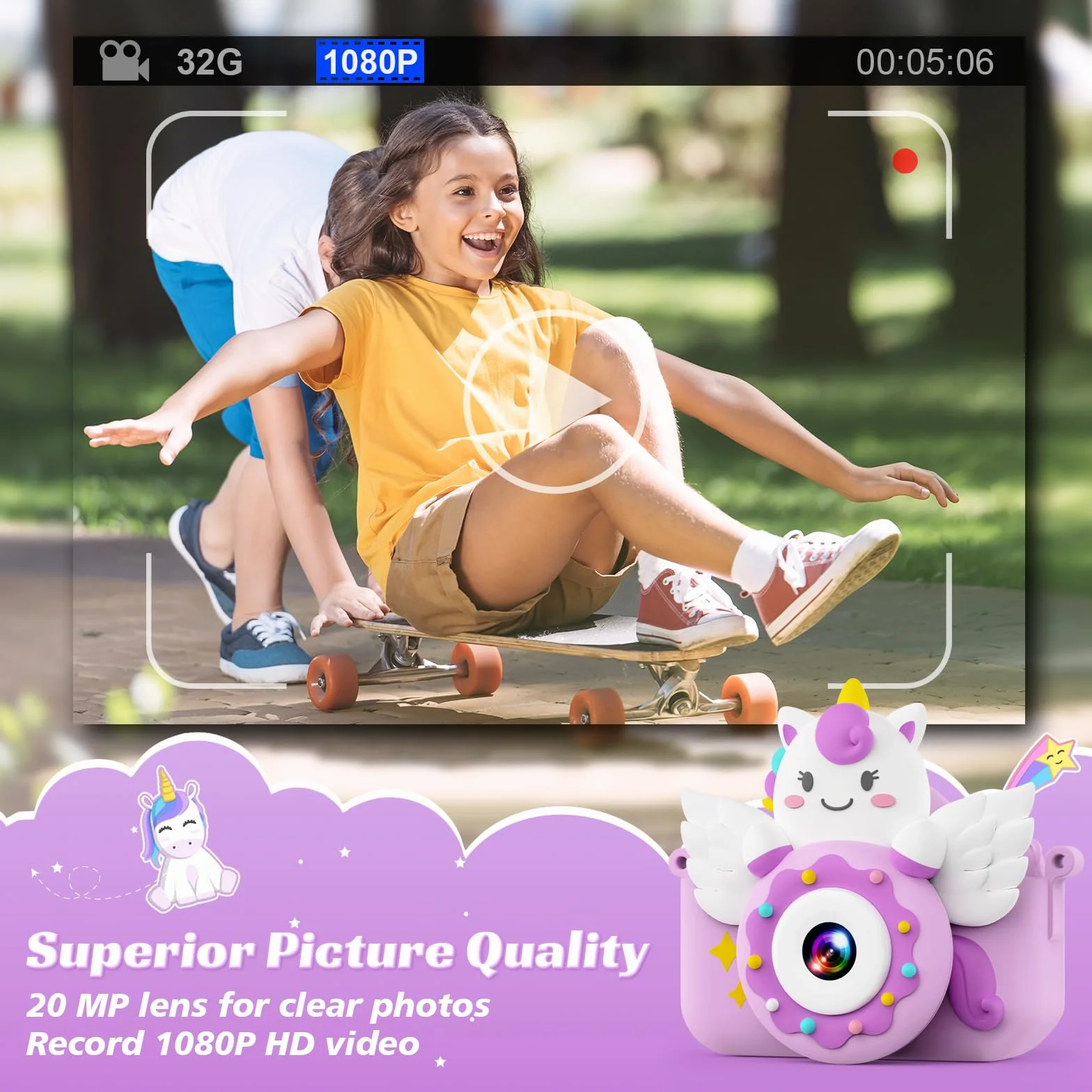 TIATUA Appareil Photo Enfant 2.0 Pouces Numérique 20MP 1080P Caméra Vidéo Selfie 32G Carte Violet