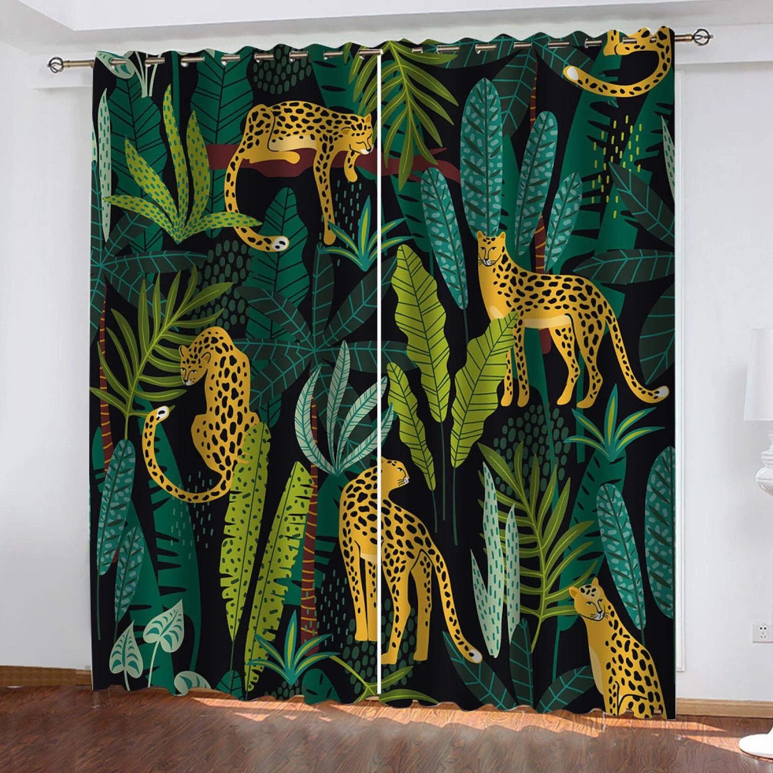 Rideau Occultant Isolant Thermique À Oeillets 2 Pièces 117x230cm, Motif Guépard Jungle Tropicale