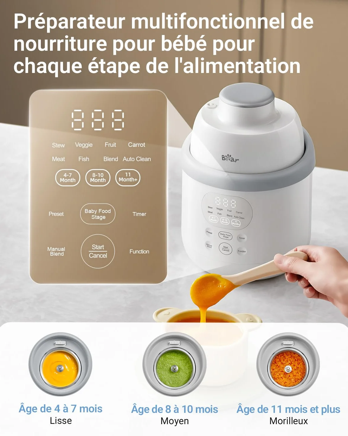 Bear NutriEase AllStage Robot Cuiseur Bébé Multifonctions 10 en 1 Acier Inoxydable, Cuiseur Vapeur Mixeur OneStep, Sans BPA