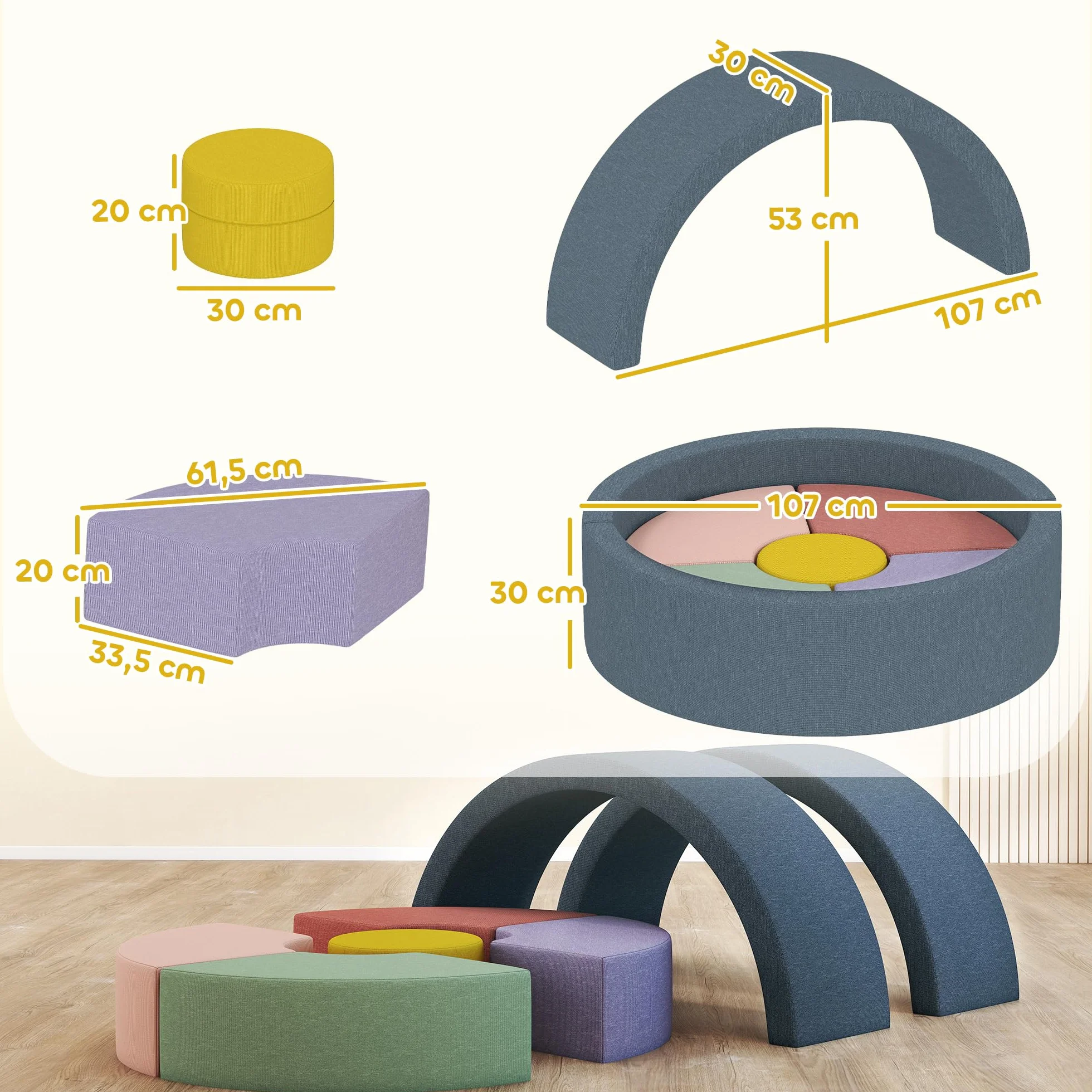 AIYAPLAY Parcours motricité bébé Mousse 7 PCS Module motricité avec Housse Lavable Jouets éducatifs Ramper Grimper Multicolore