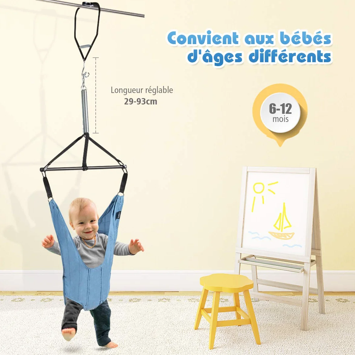 COSTWAY Siège Sauteur Suspendu Bébés 6-12 Mois Chaîne Réglable 29-93CM Tissu TC Tube Fer Charge Max. 12KG Bleu
