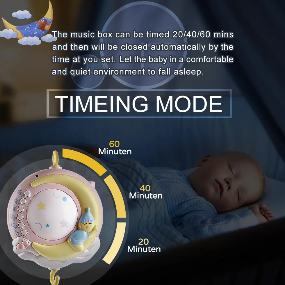 Berceau de musique pour bébé avec projecteur et lumières, mobile suspendu tournant, boîte à musique 150 mélodies, rose