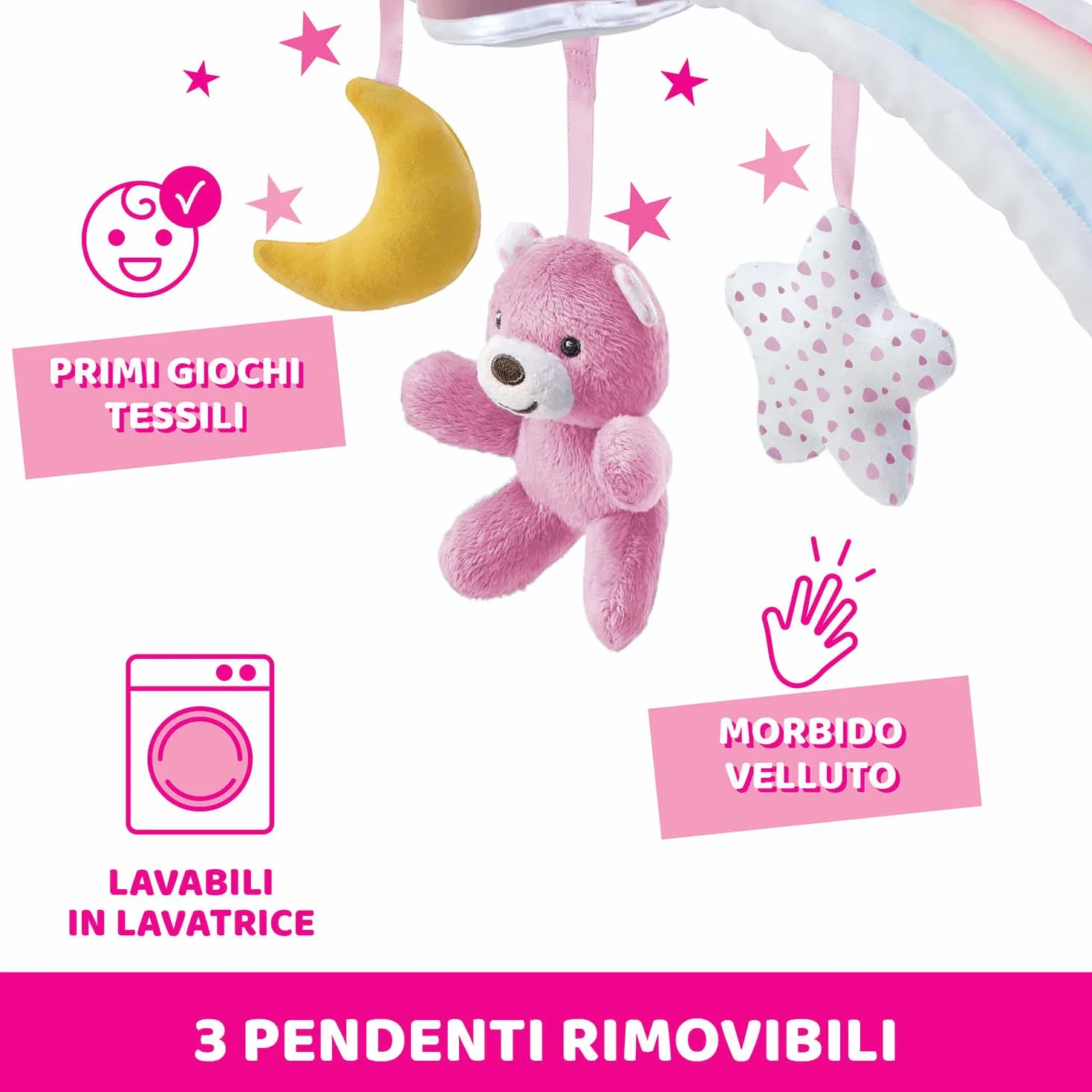 Chicco Arche Arc en Ciel Jeu de Développement 2 en 1 Compatible Lit Next2Me Panneau Berceau Veilleuse Musique Pendentifs Jouet Bébé 0+ Mois Rose