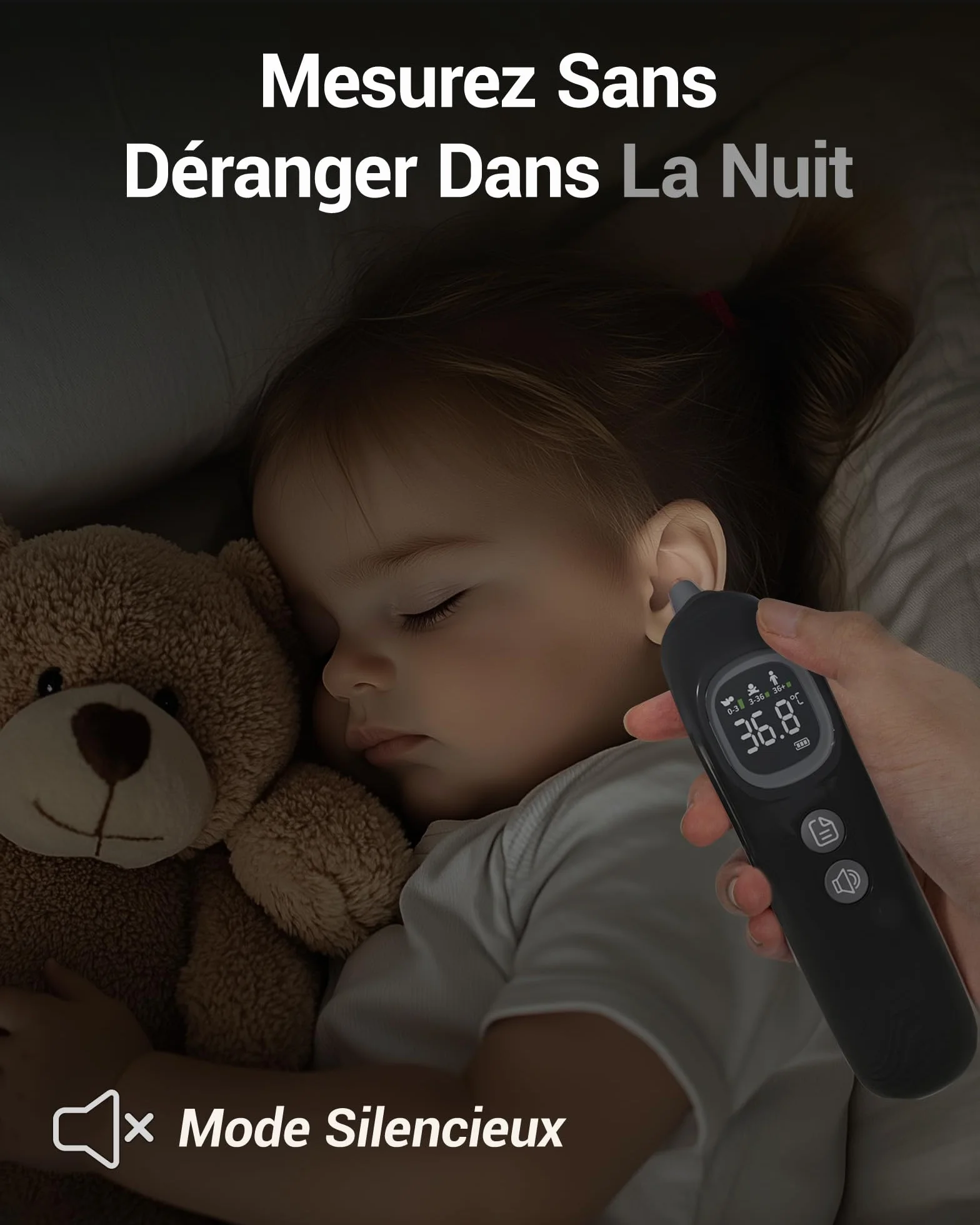 Thermomètre Auriculaire Haute Précision 1 Seconde Guidage Intelligent par Âge Mode Silencieux Numérique Enfants Adultes 20 Embouts
