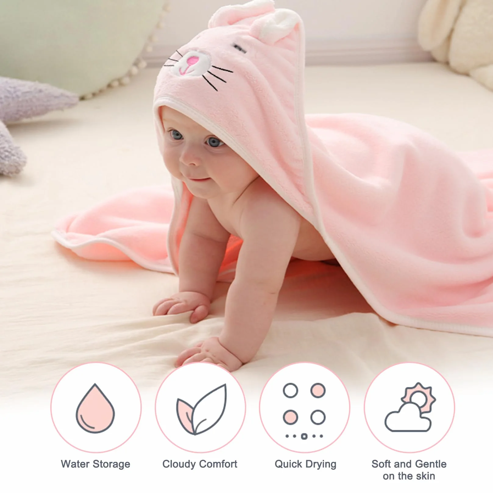 Serviette de Bain Bébé 3 Pièces 80x80cm Douce Absorption Forte Lavable Machine 0-5 Ans