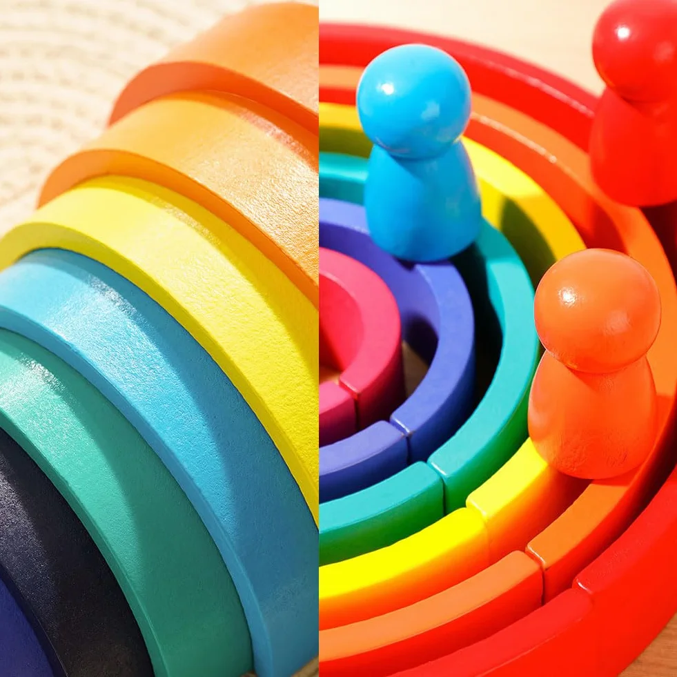 Kiuiom Arc en Ciel Bois Montessori Jouet Bloc De Construction 4 Pièces pour Enfants