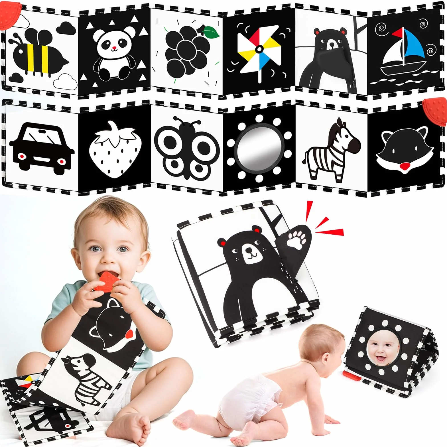 BBWOO Livre bébé 0-12 Mois Noir et Blanc sensoriel Montessori Jouet d'éveil Tummy Time Pliable Lavable avec Anneau Dentition et Miroir