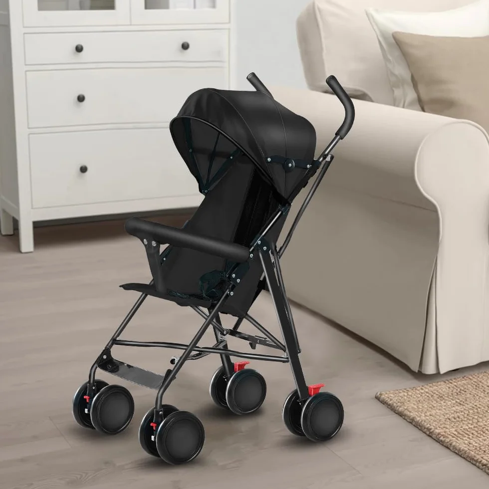 Poussette Canne Ultra Légère Compacte Pliable Inclinable Naissance à 25 kg avec Système Trolley Housse de Pluie Capote Extensible Noir