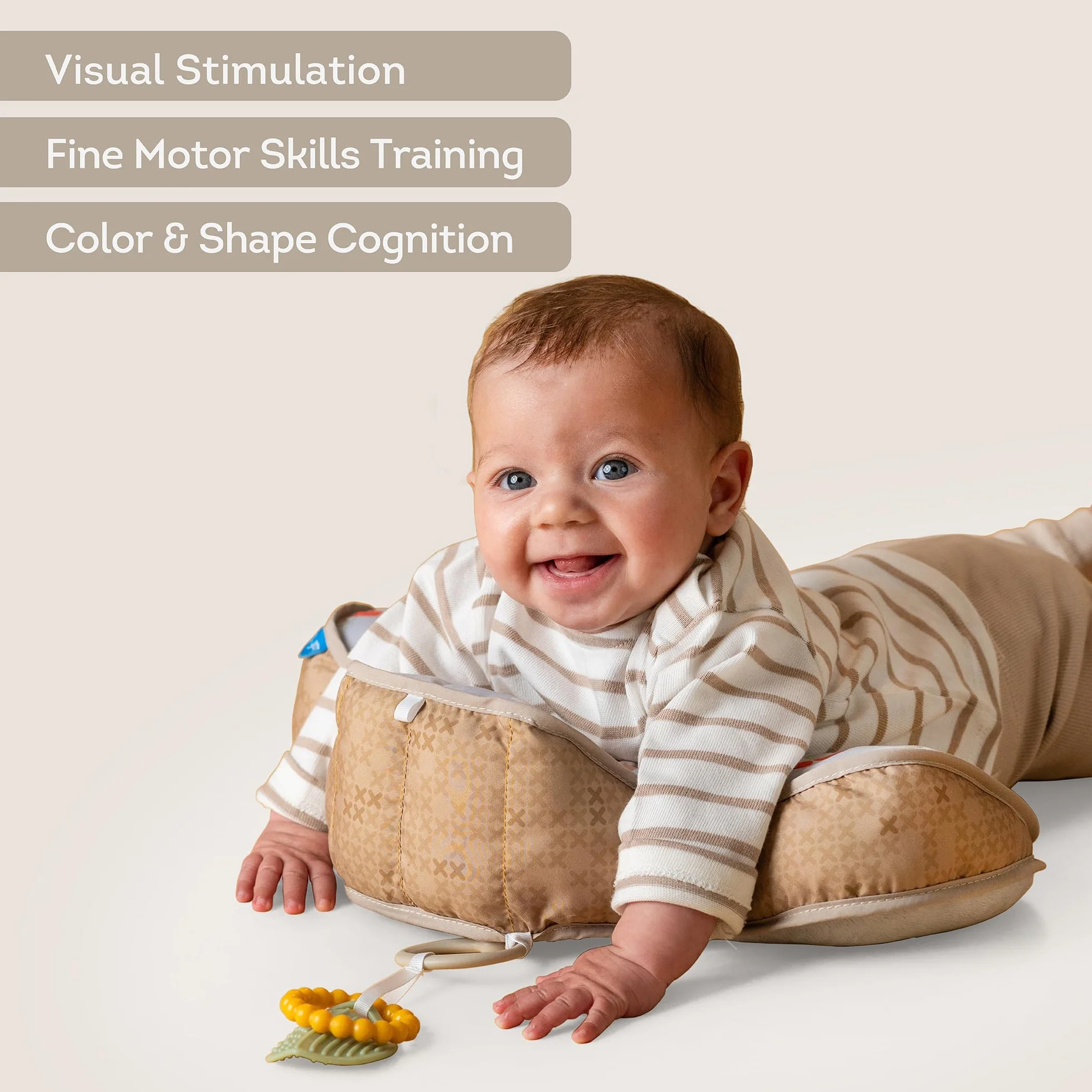 Coussin Tummy Time Bébé Ours – Coussin Ventral d’Éveil avec 2 Jouets Amovibles – 40x27x11 cm