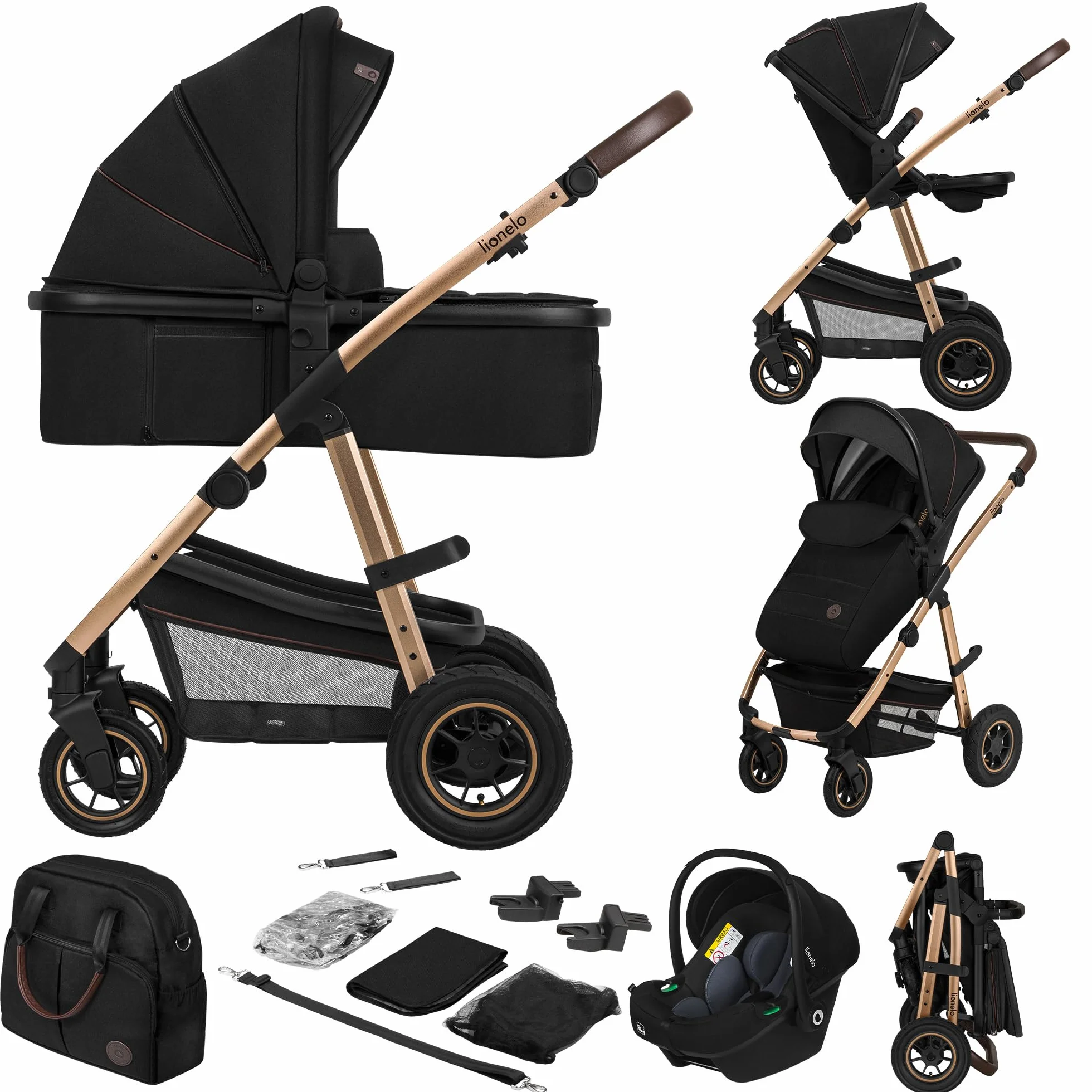 LIONELO Amber 3 in 1 poussette multifonctionnelle avec siège sport, nacelle, sac et accessoires