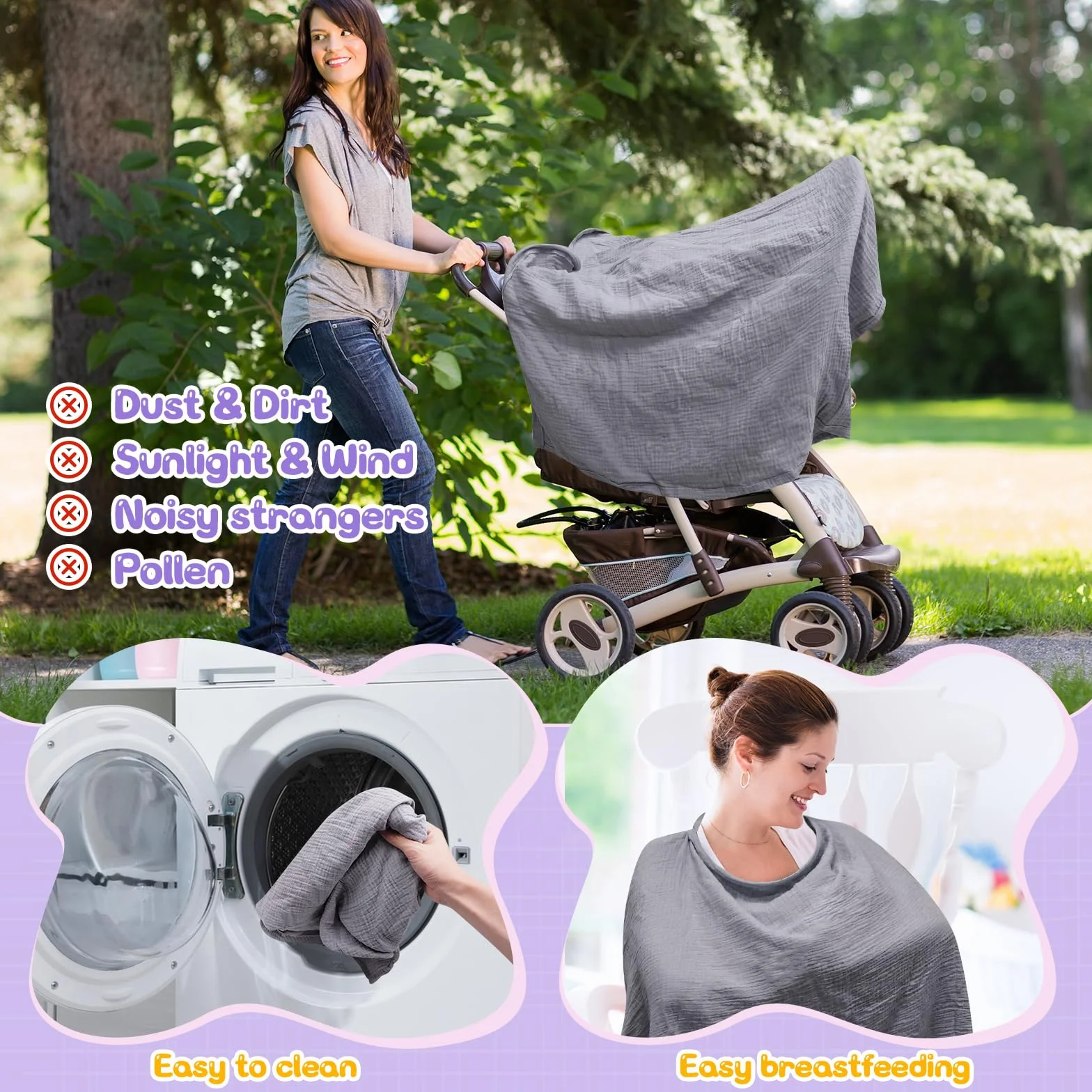 Cape Allaitement Bébé 100% Coton avec Serviette, Doux Respirant Sangles Réglables Gris