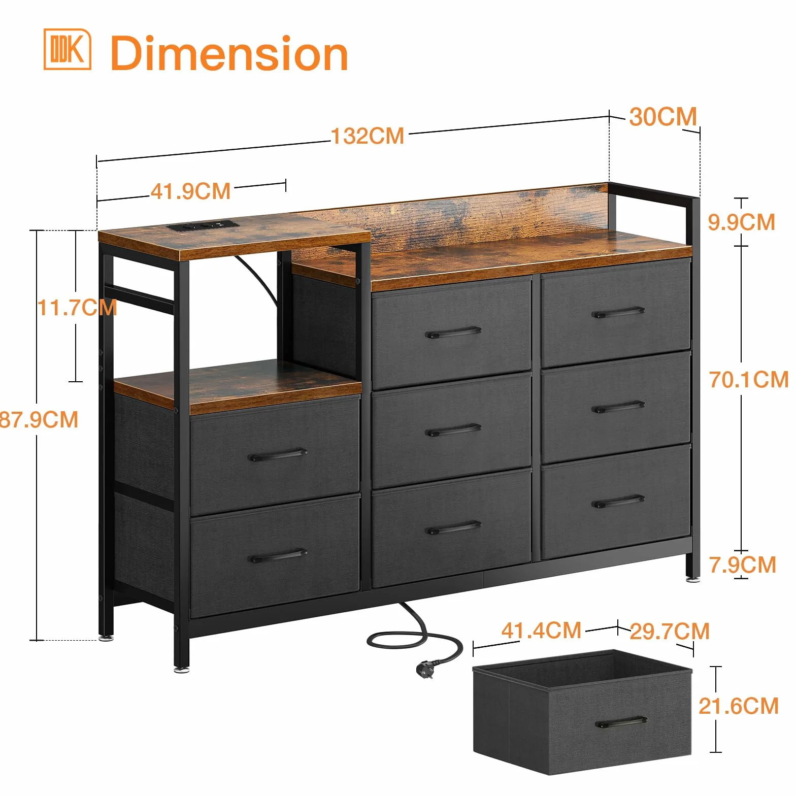 ODK Commode Chambre 2 Ports USB 2 Ports AC Armoire à tiroirs 132x30x88 cm Vintage Noir