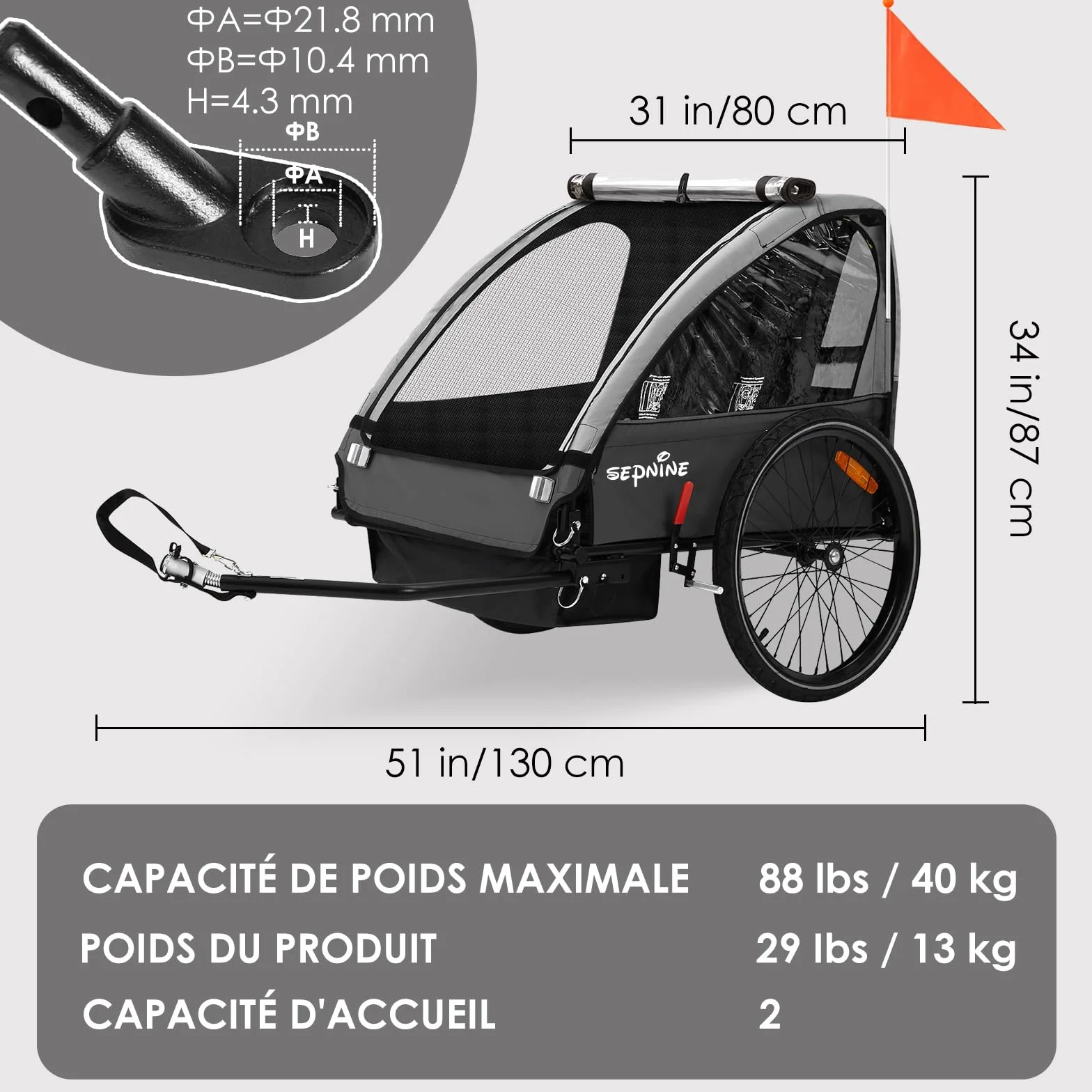 SEPNINE Remorque pour Enfant 2 Places Tout-Terrain Pliable avec Frein à Main 40 kg