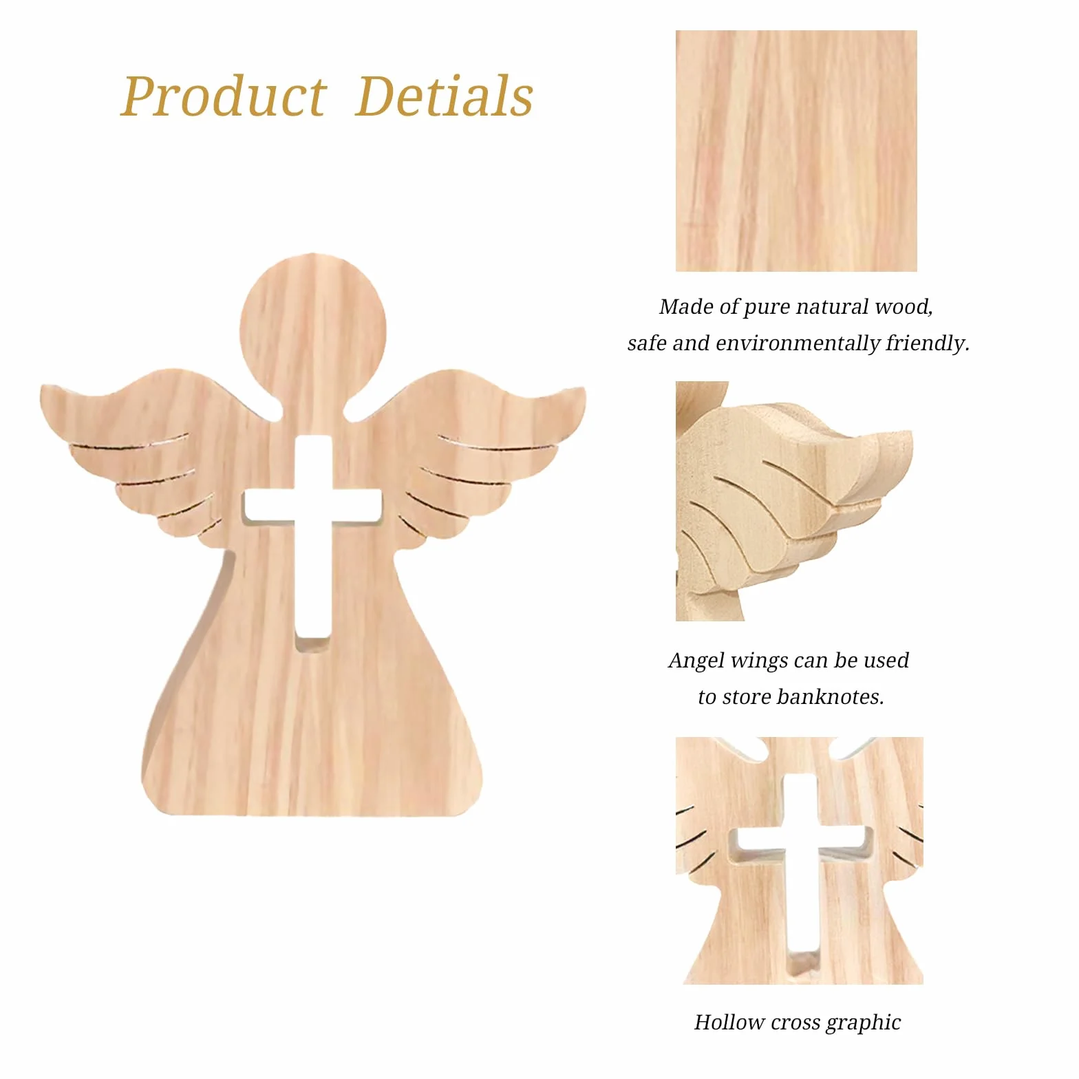 Ange en Bois Croix Gravure Baptême Cadeau Argent Cardien Décoration Fille Garçon Porte-Bonheur