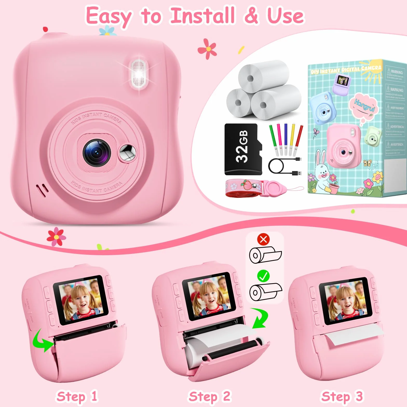 Appareil Photo Instantané Enfant 2,0 Pouces Écran HD avec Carte 32GB et 3 Rouleaux Papier Impression Cadeau Jouet Garçons Filles 3-10 Ans Rose