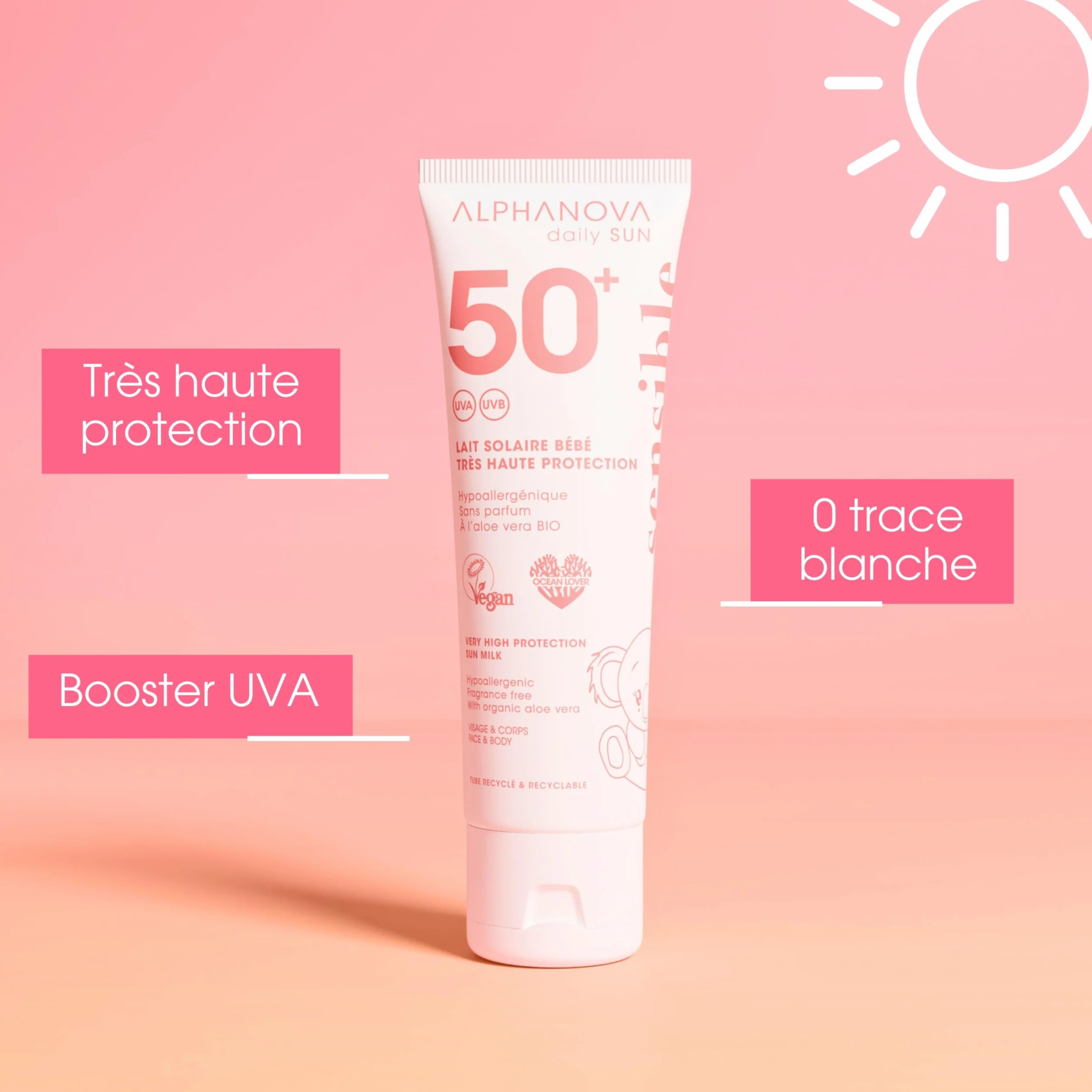 ALPHANOVA Lait Solaire Bébé SPF50+ 50ml Visage Corps Hypoallergénique Peaux Sensibles Sans Parfum