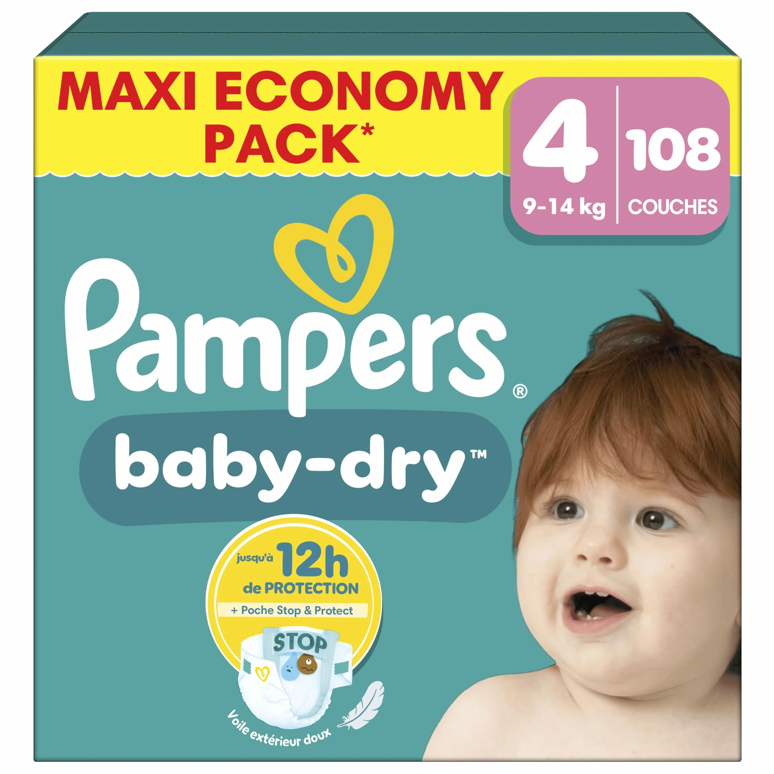 Pampers Baby-Dry Taille 4 108 Couches 9kg-14kg Nuit Confortable Sans Fuites