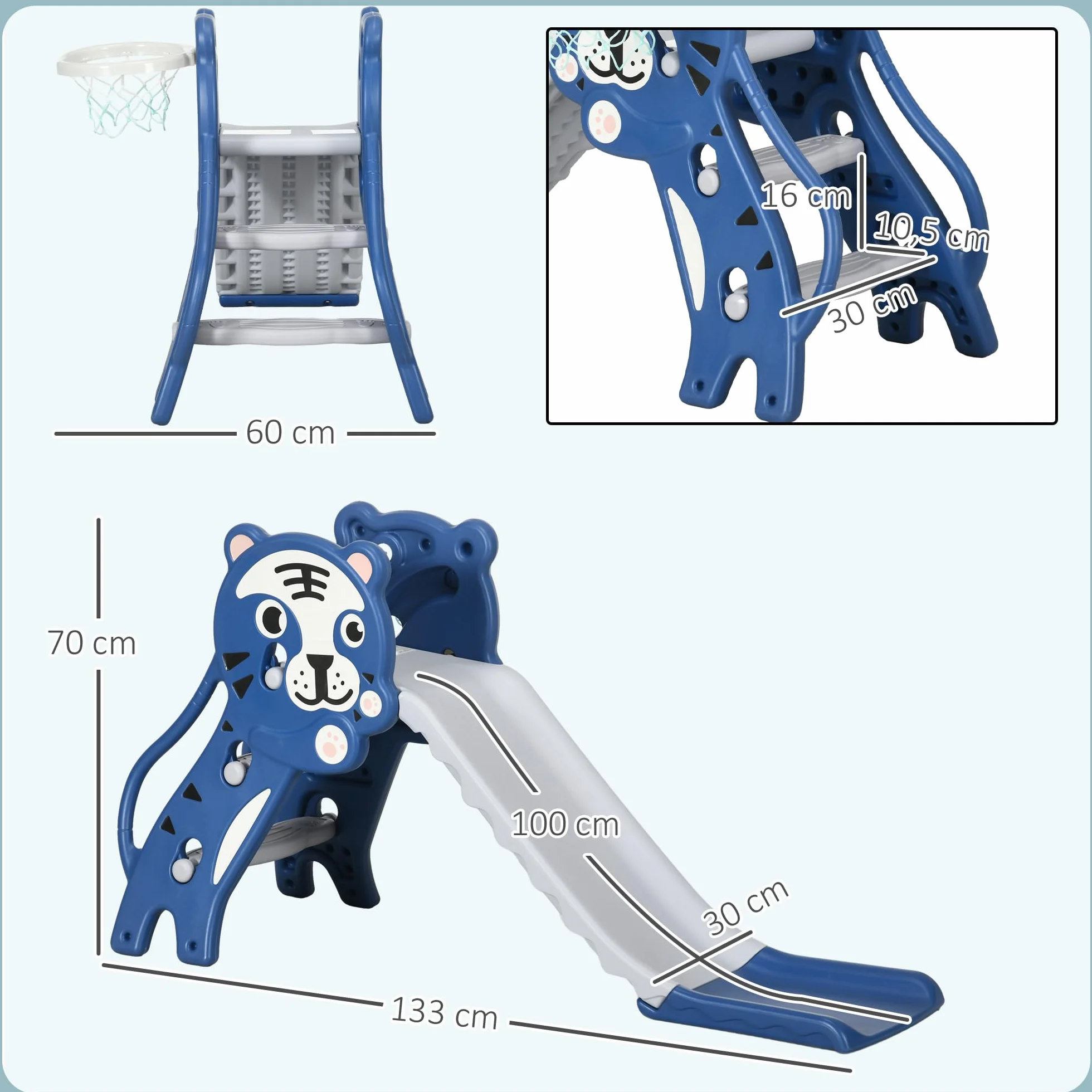 AIYAPLAY Toboggan pour Enfants avec Panier de Basket, Thème Tigre, 133x60x70 cm, Bleu