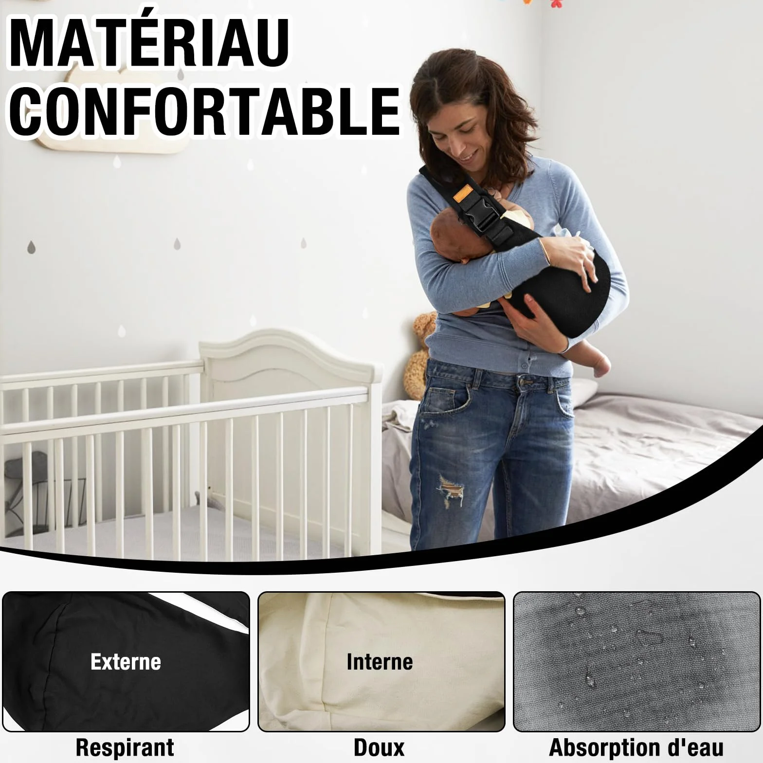 Écharpe de Portage Réglable Porte Bébé Hanche Respirant pour Nouveau-Nés et Tout-Petits jusqu'à 15 kg Noir