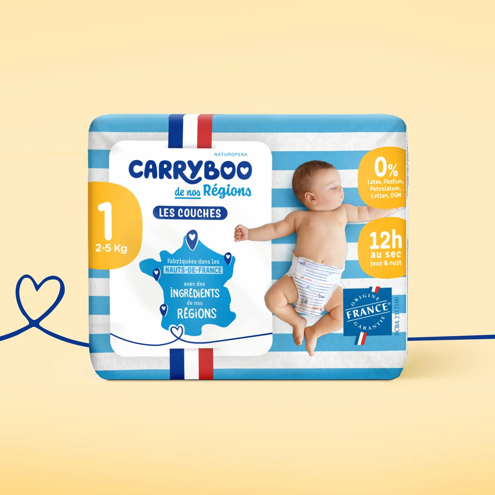 CARRYBOO Couches Taille 1 (2-5kg) 12h Anti Fuites Fabriquées en France Pack 24