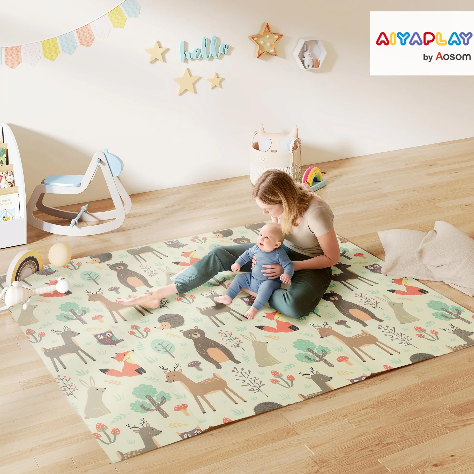 AIYAPLAY Tapis de jeu bébé pliable réversible 196 x 176 x 1,5 cm mousse épais antidérapant imperméable motif animaux