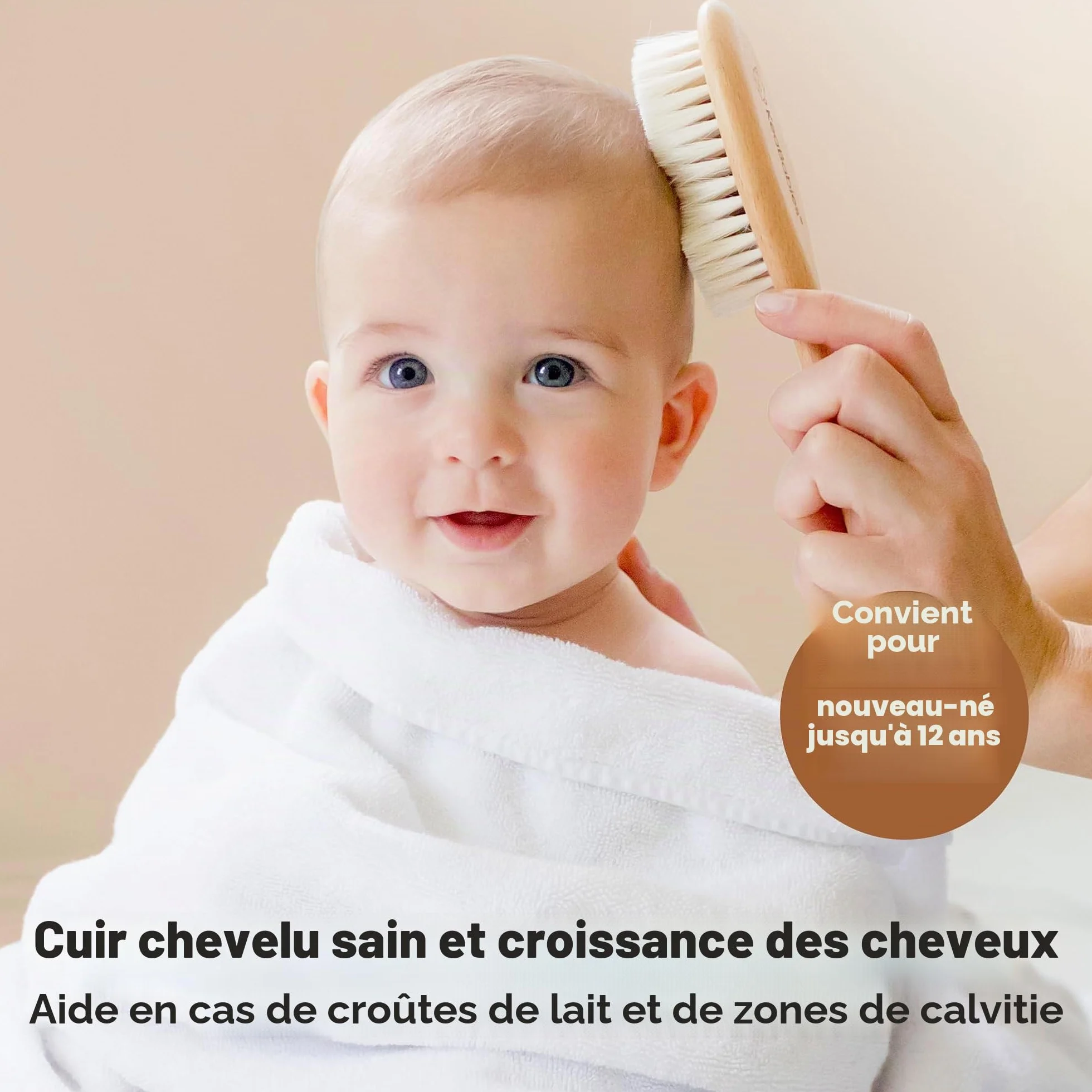 Brosse à Cheveux Bébé Nouveau-né en Bois Naturel Poils de Chèvre Doux