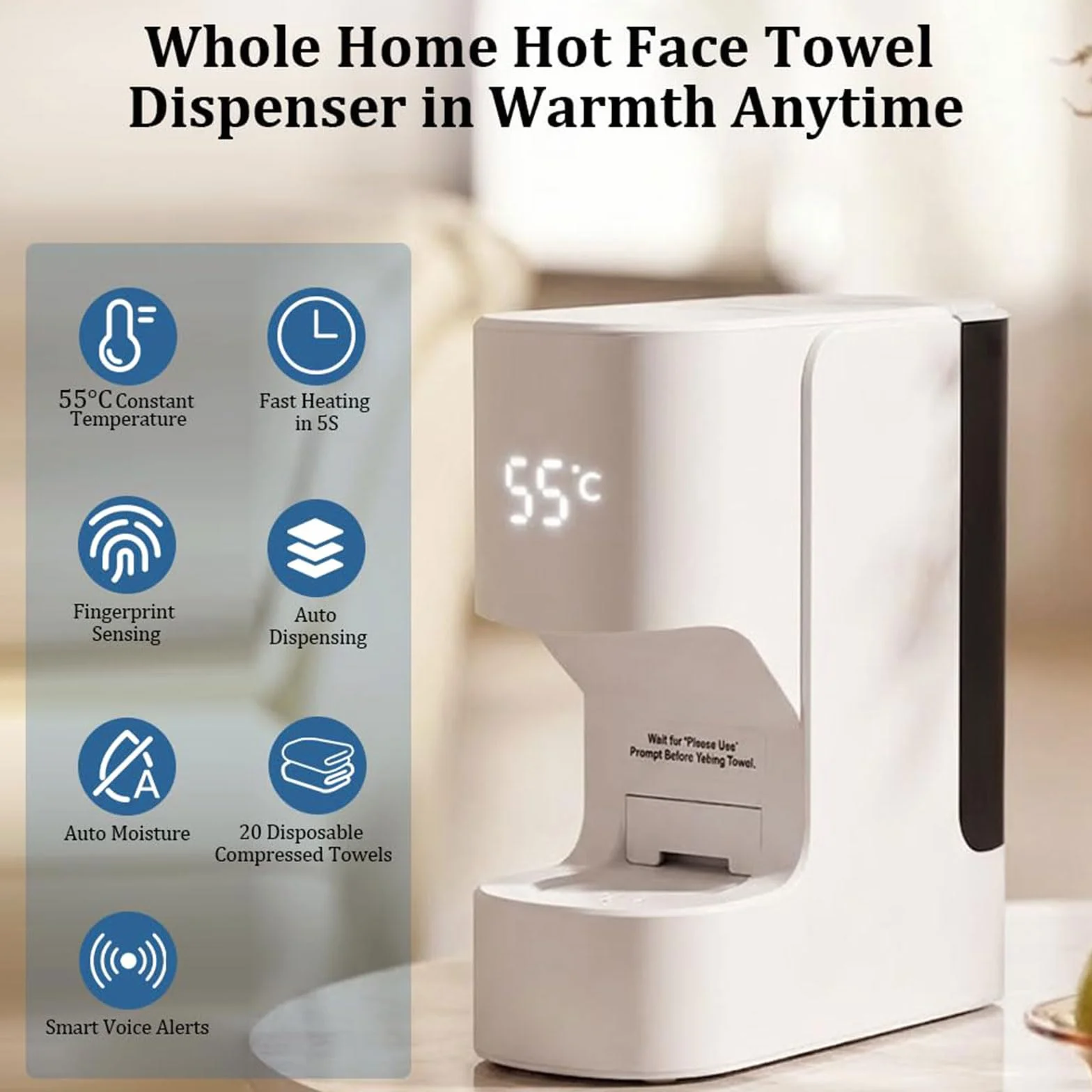 Distributeur de Serviettes Chaudes Intelligent 40 Serviettes Compressées 55℃ Chauffage 5s
