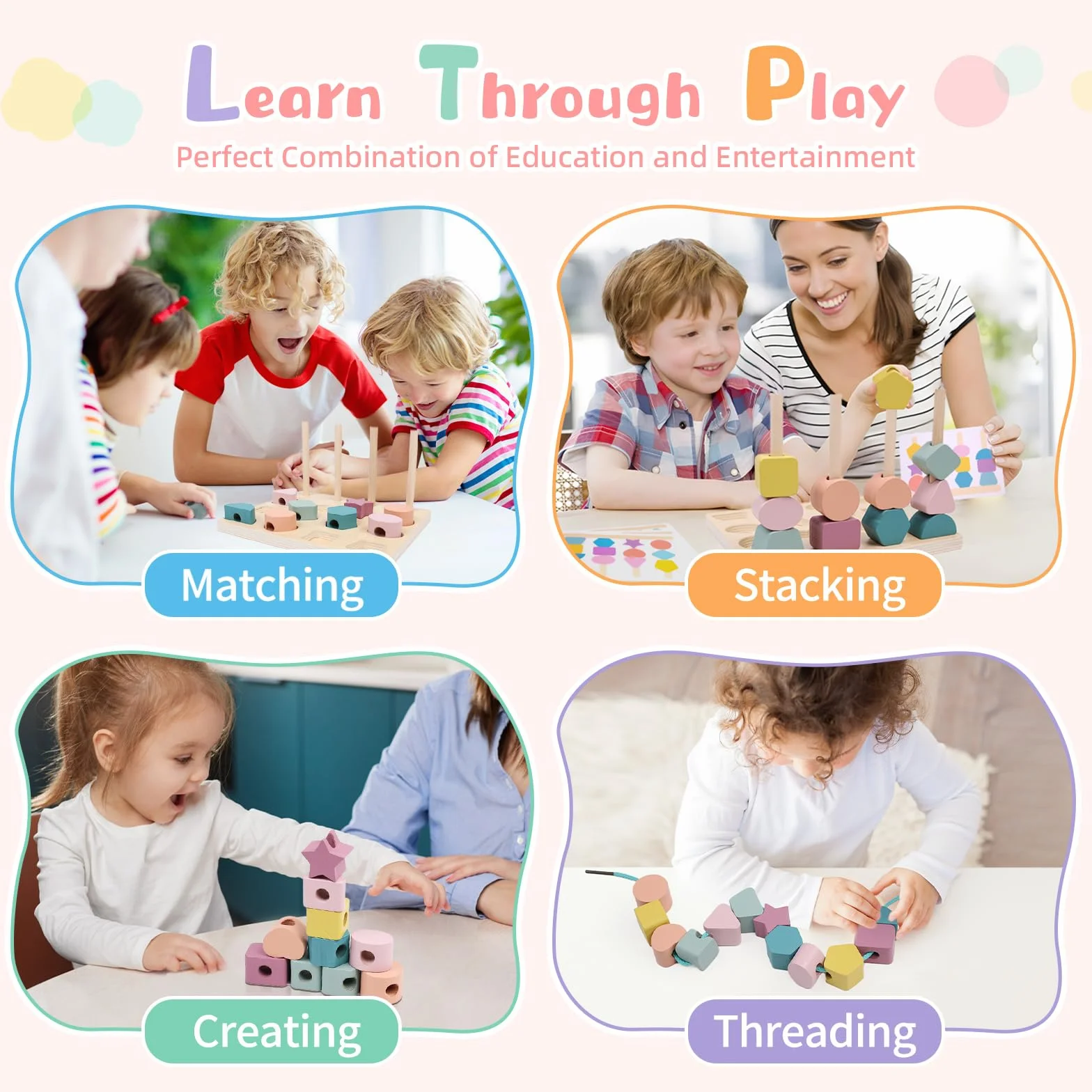 Jeux Montessori Enfant 3 en 1 Jouet d'Activité Empilable Enfiler Tri Bois Cadeau Garçon Fille 2-5 Ans