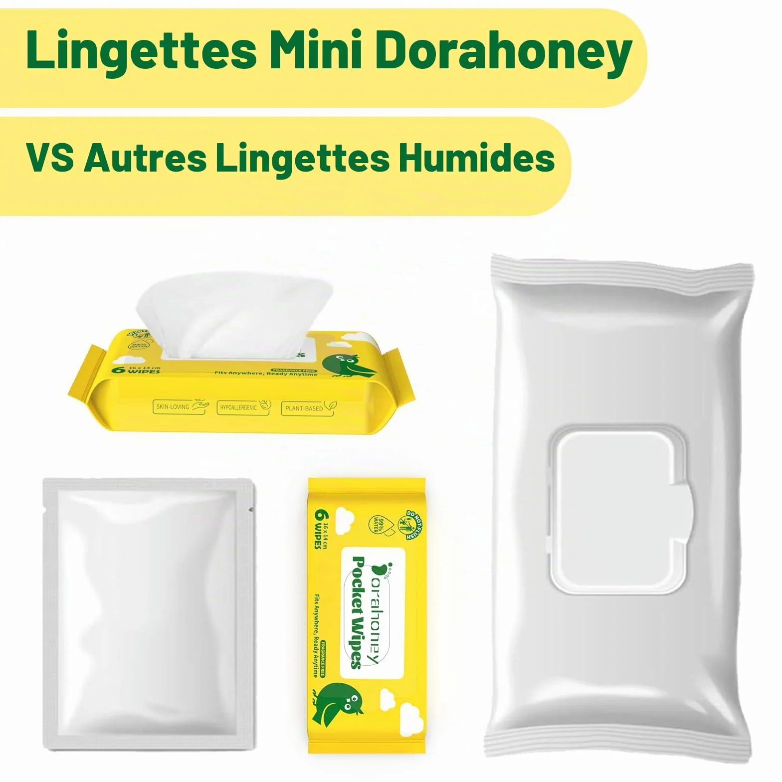 Lingettes Humides Voyage 99% d'Eau Sans Parfum Hypoallergéniques pour Peaux Sensibles Lot de 8 (48 Lingettes)