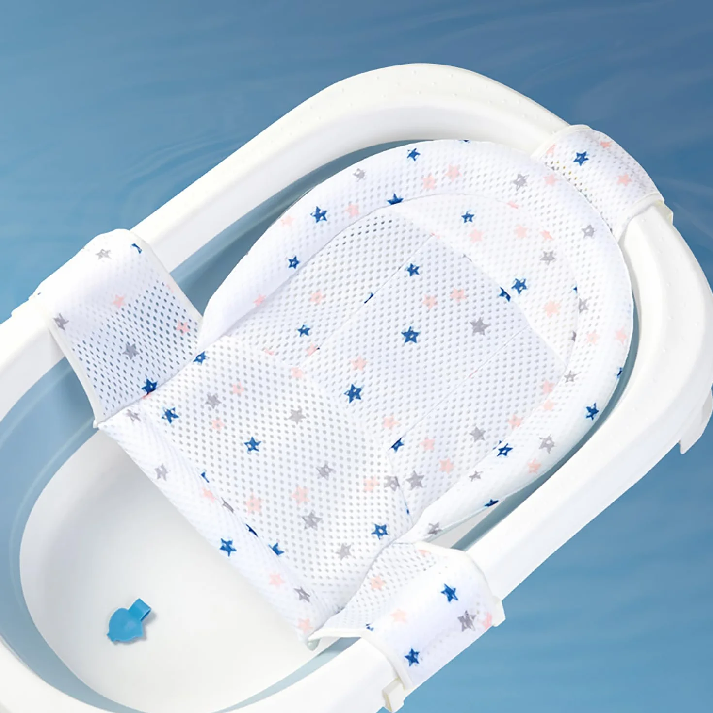 Bain en T Antidérapant pour Bébé - Blanc, Filet de Tapis maille, Support Nouveau-né avec Sangles Ajustables, Siège de Bain Confortable, 0-12 Mois